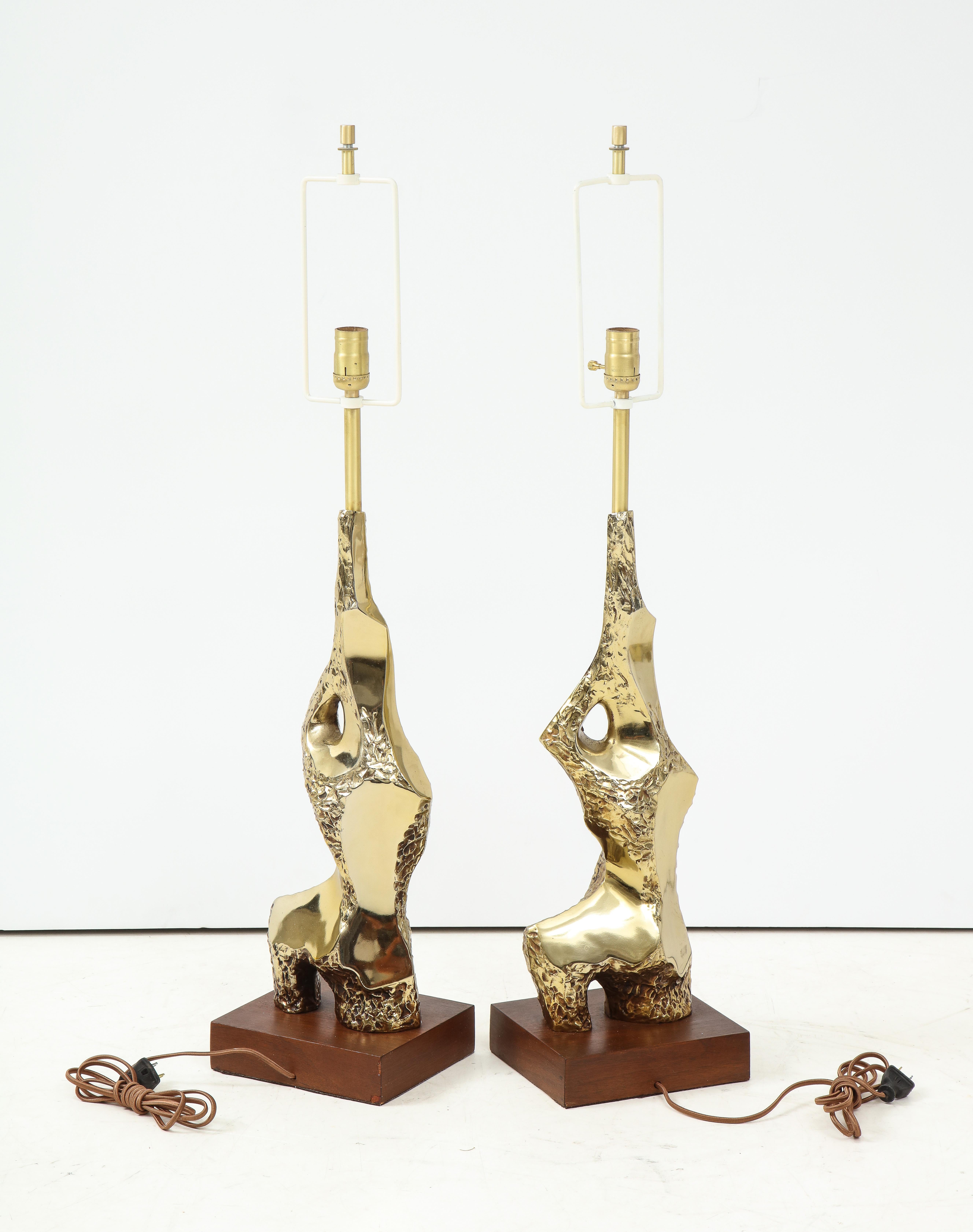 American Laurel Sculptural Brutalist Brass Table Lamps