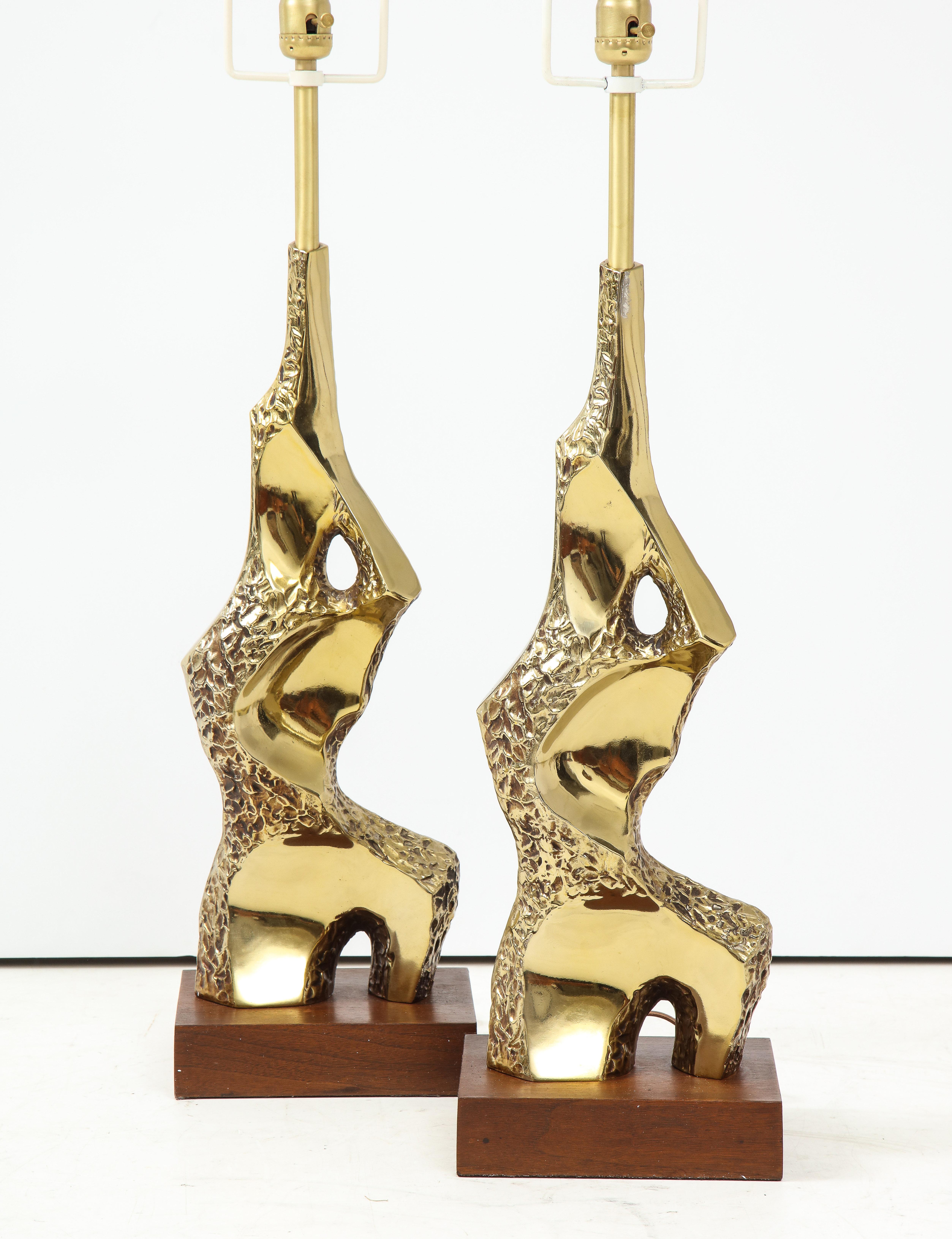 20th Century Laurel Sculptural Brutalist Brass Table Lamps