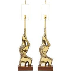 Laurel Sculptural Brutalist Brass Table Lamps
