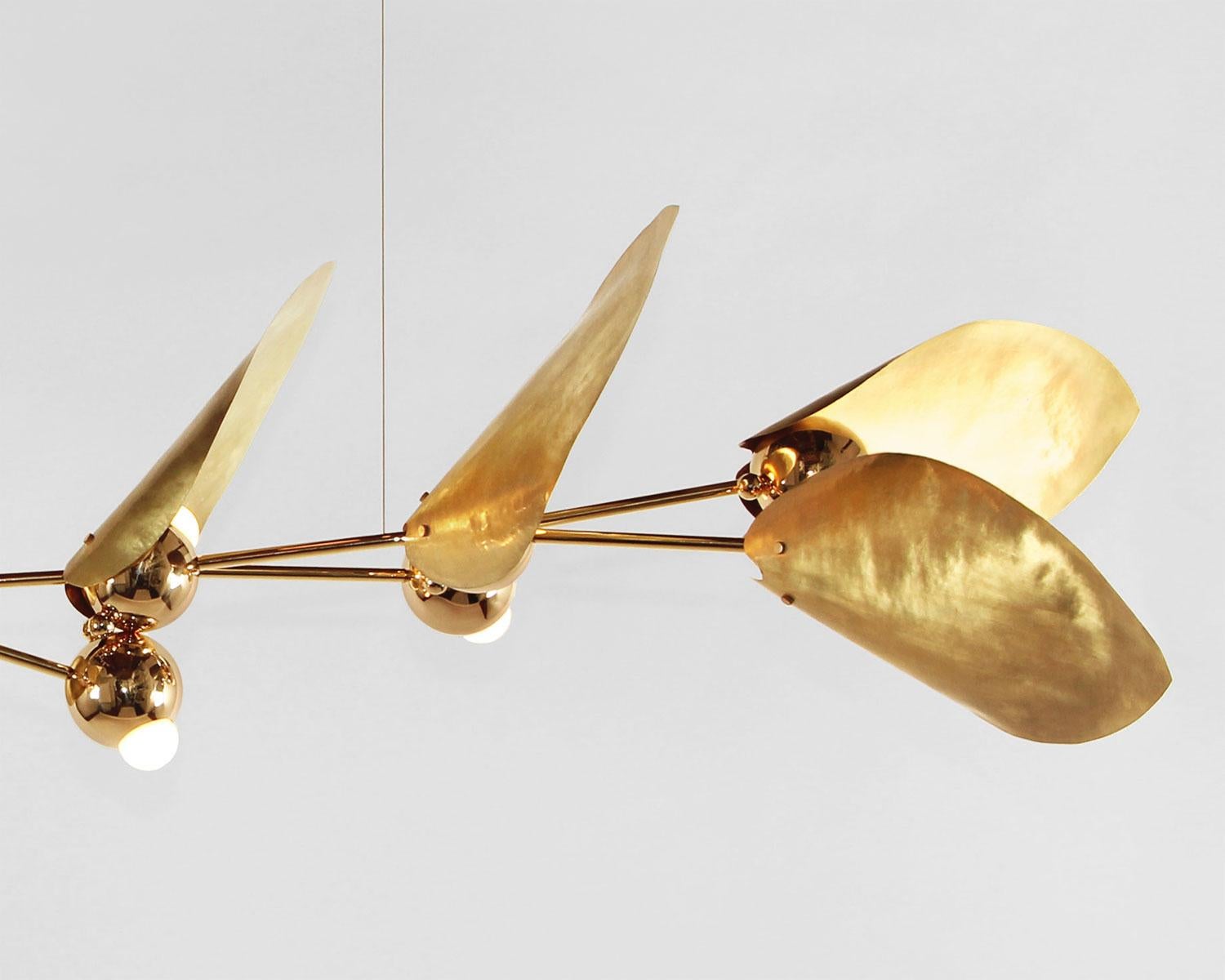 American Laurel Seven-Leaf Chandelier, Brass Finish, Modern Sculptural Organic Lighting