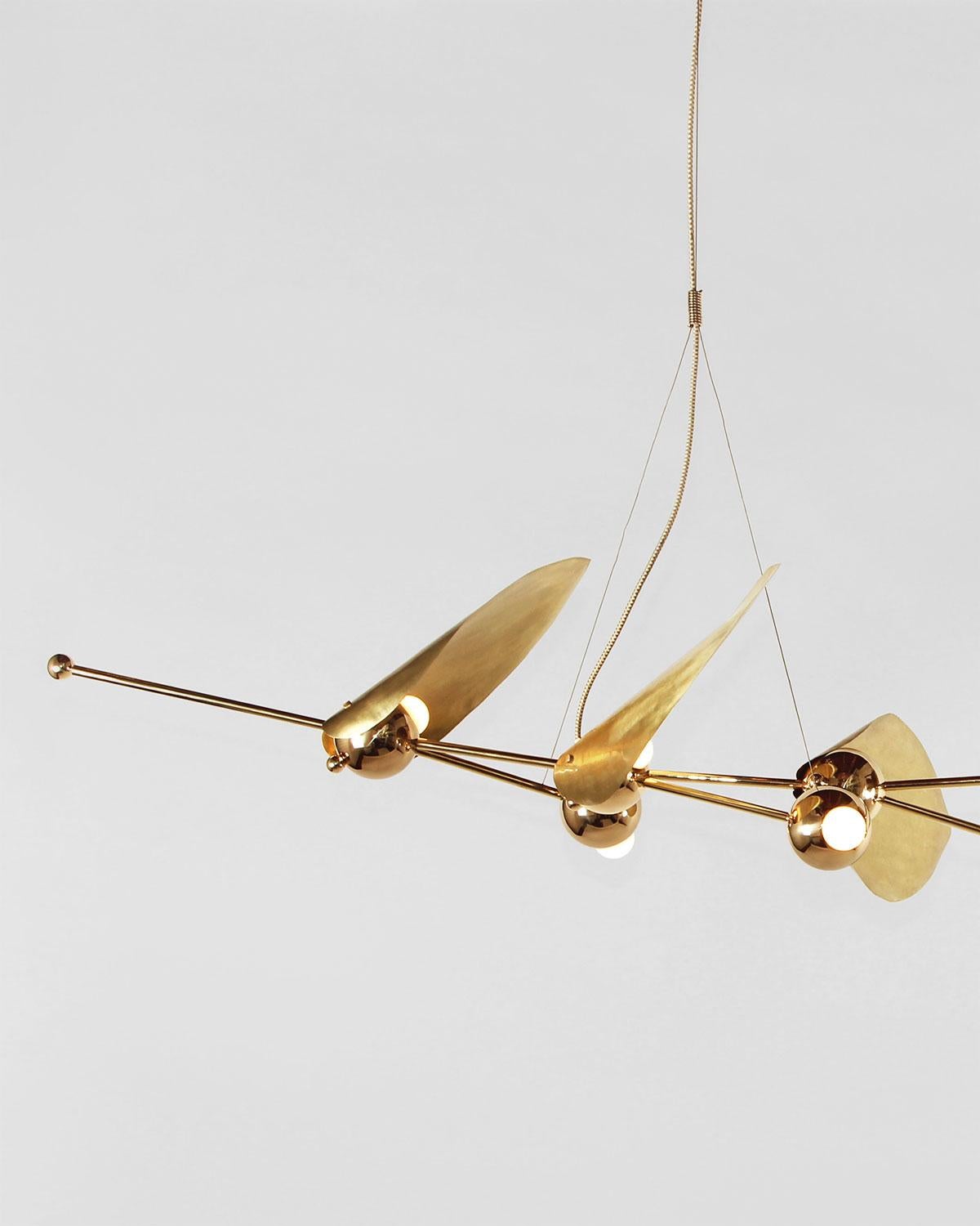 Brushed Laurel Seven-Leaf Chandelier, Brass Finish, Modern Sculptural Organic Lighting