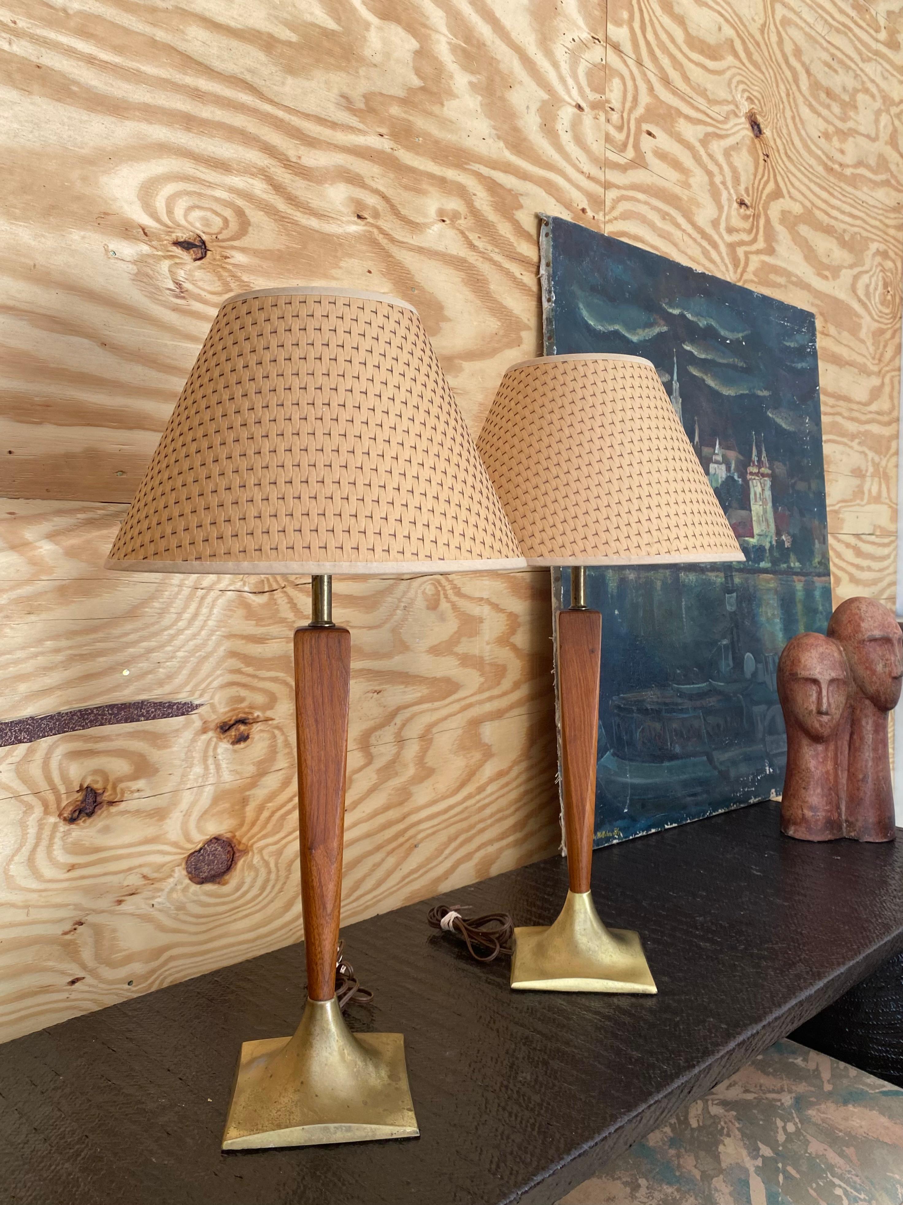 Mid-Century Modern Laurel-Style Walnut + Brass Midcentury Modern Lamps, A Pair For Sale