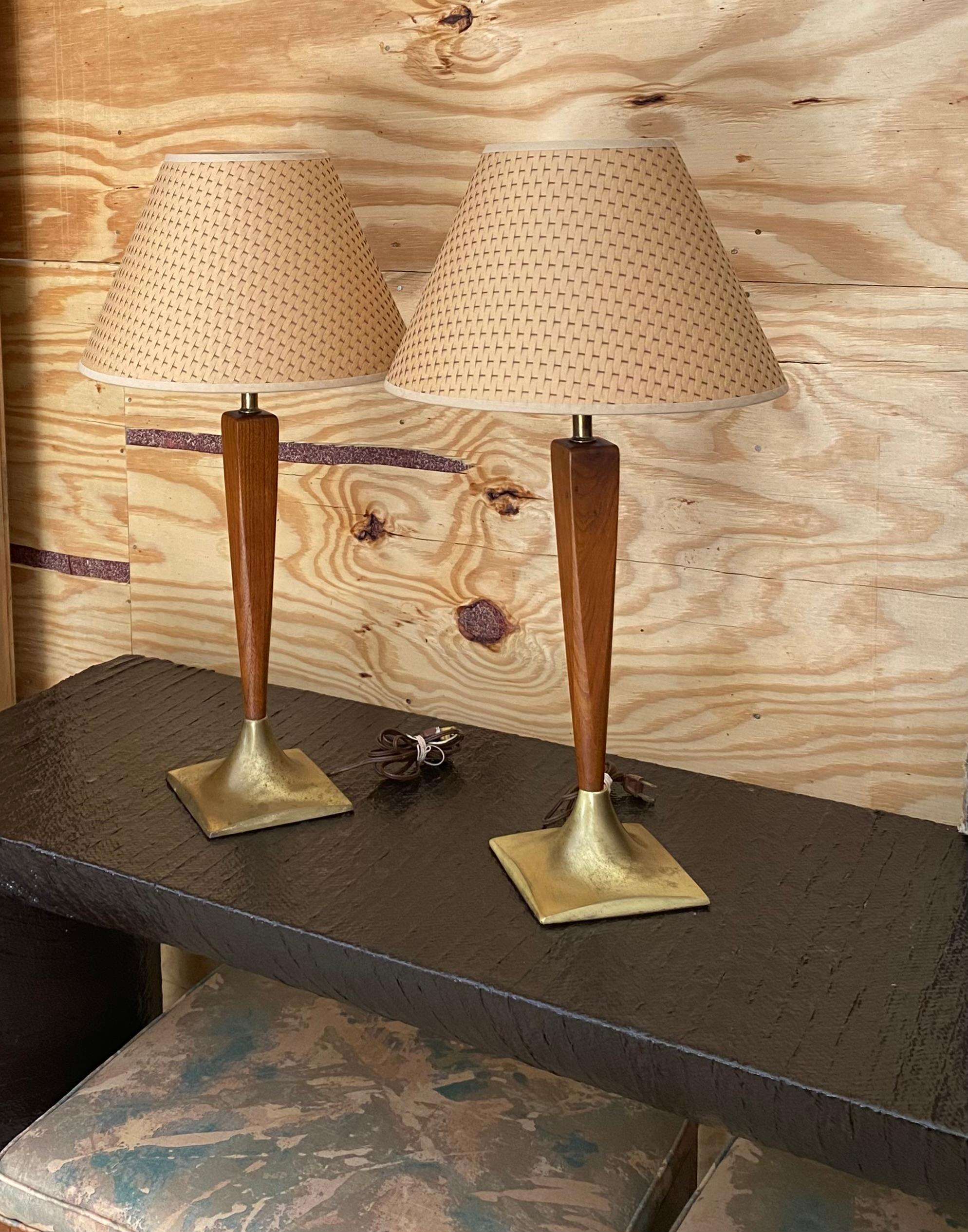 Hand-Crafted Laurel-Style Walnut + Brass Midcentury Modern Lamps, A Pair For Sale