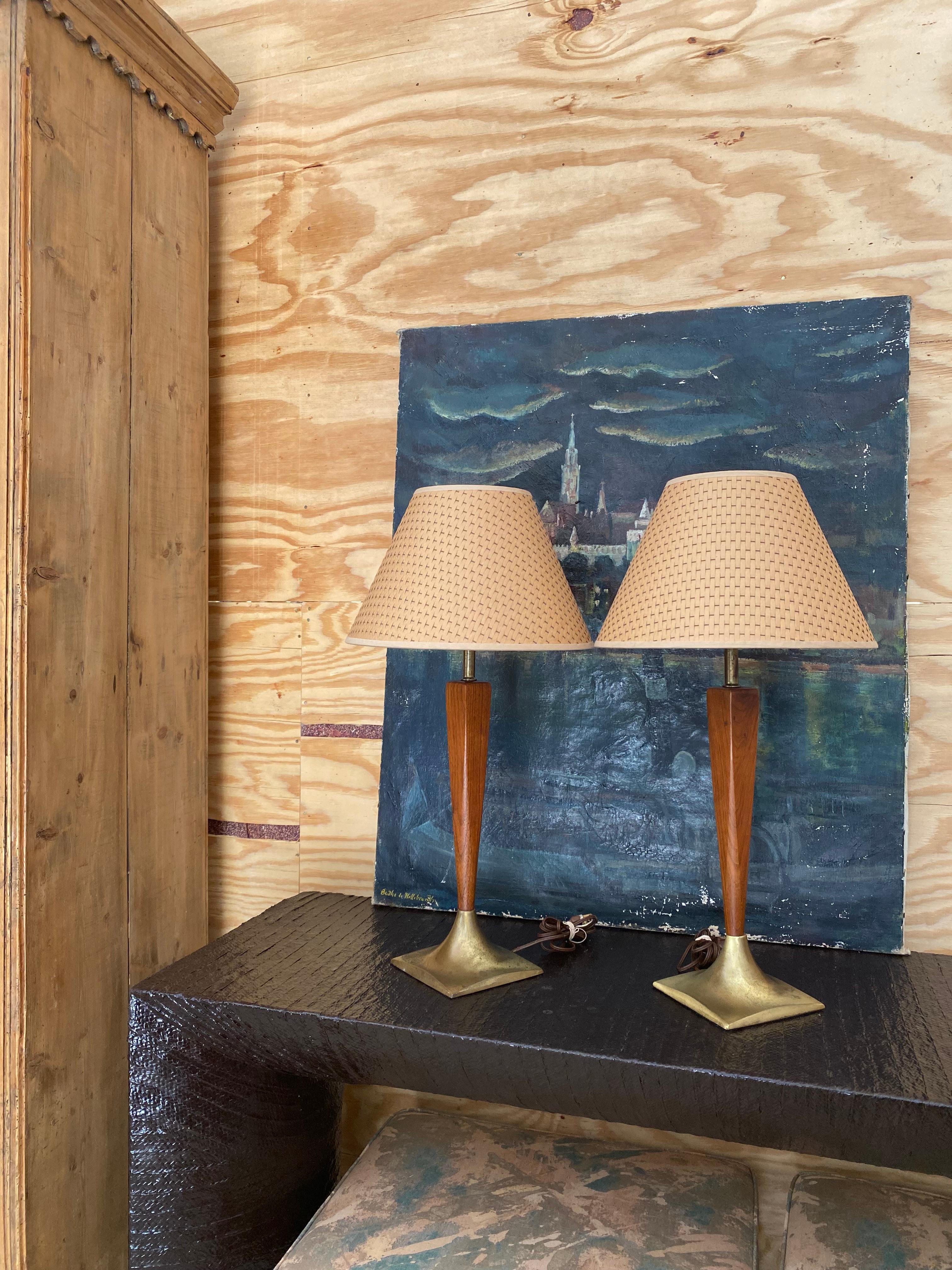20th Century Laurel-Style Walnut + Brass Midcentury Modern Lamps, A Pair For Sale