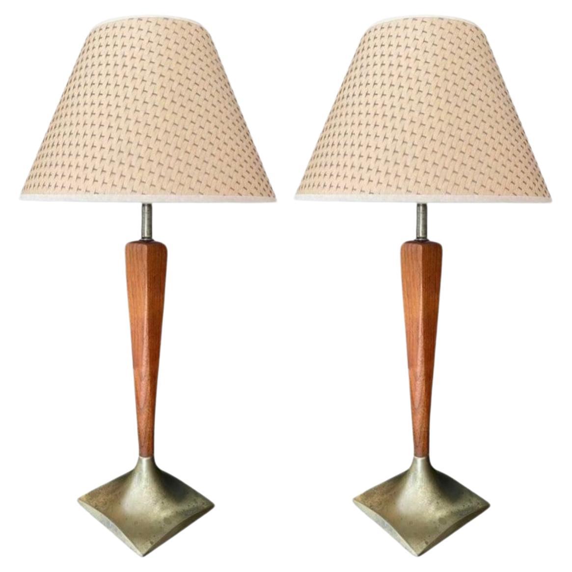 Laurel-Style Walnut + Brass Midcentury Modern Lamps, A Pair For Sale