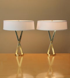 LAUREL X LAMP PAIR Sculpture Polished Brass Linen Shades Rare MCM Richard Barr