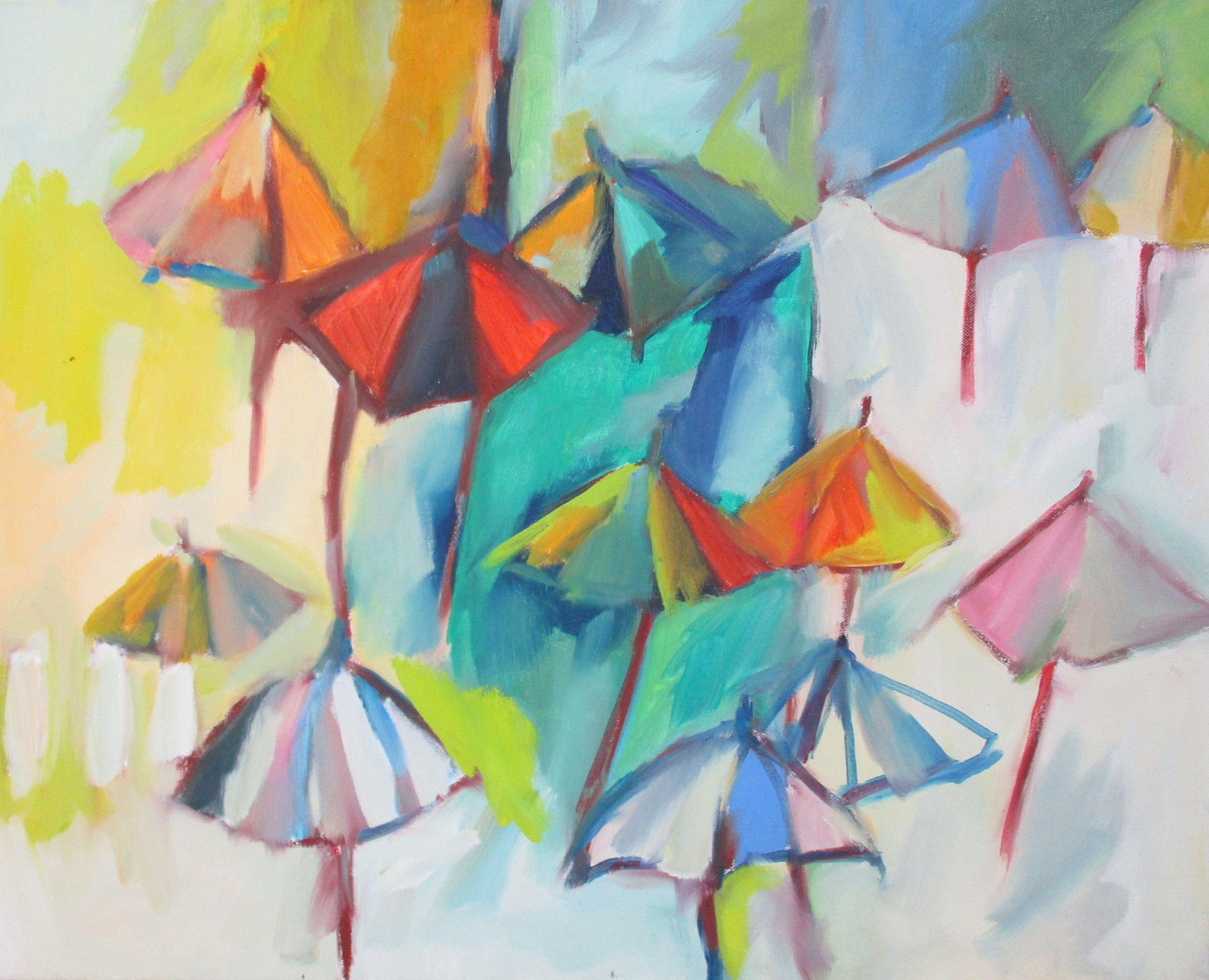 Parapluies de plage, peinture, huile sur toile - Painting de Lauren Acton