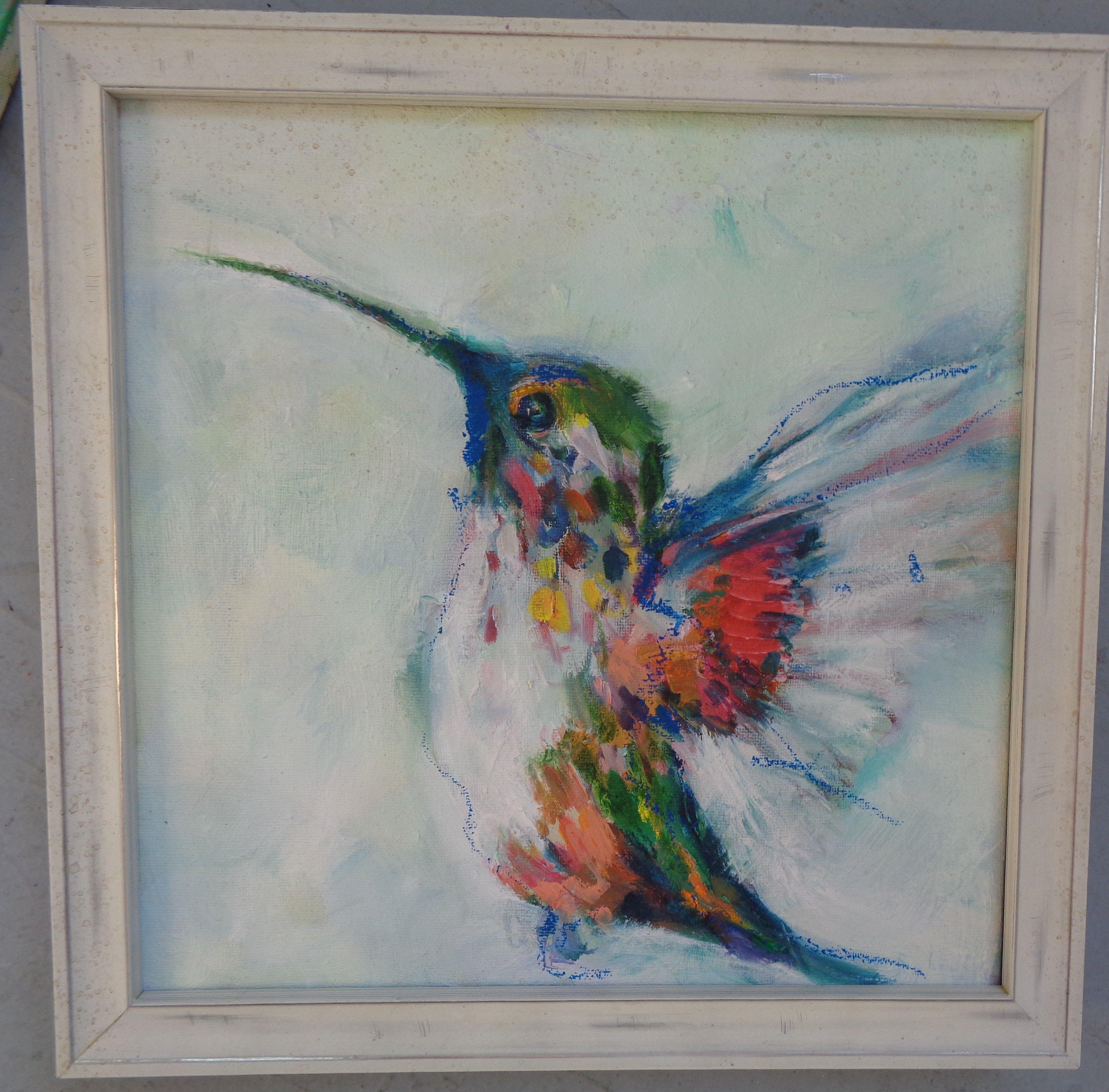 part of my hummingbird series... has oil stik touches with oil...This can come framed or not for a lesser price :: Painting :: Contemporary :: This piece comes with an official certificate of authenticity signed by the artist :: Ready to Hang: No ::