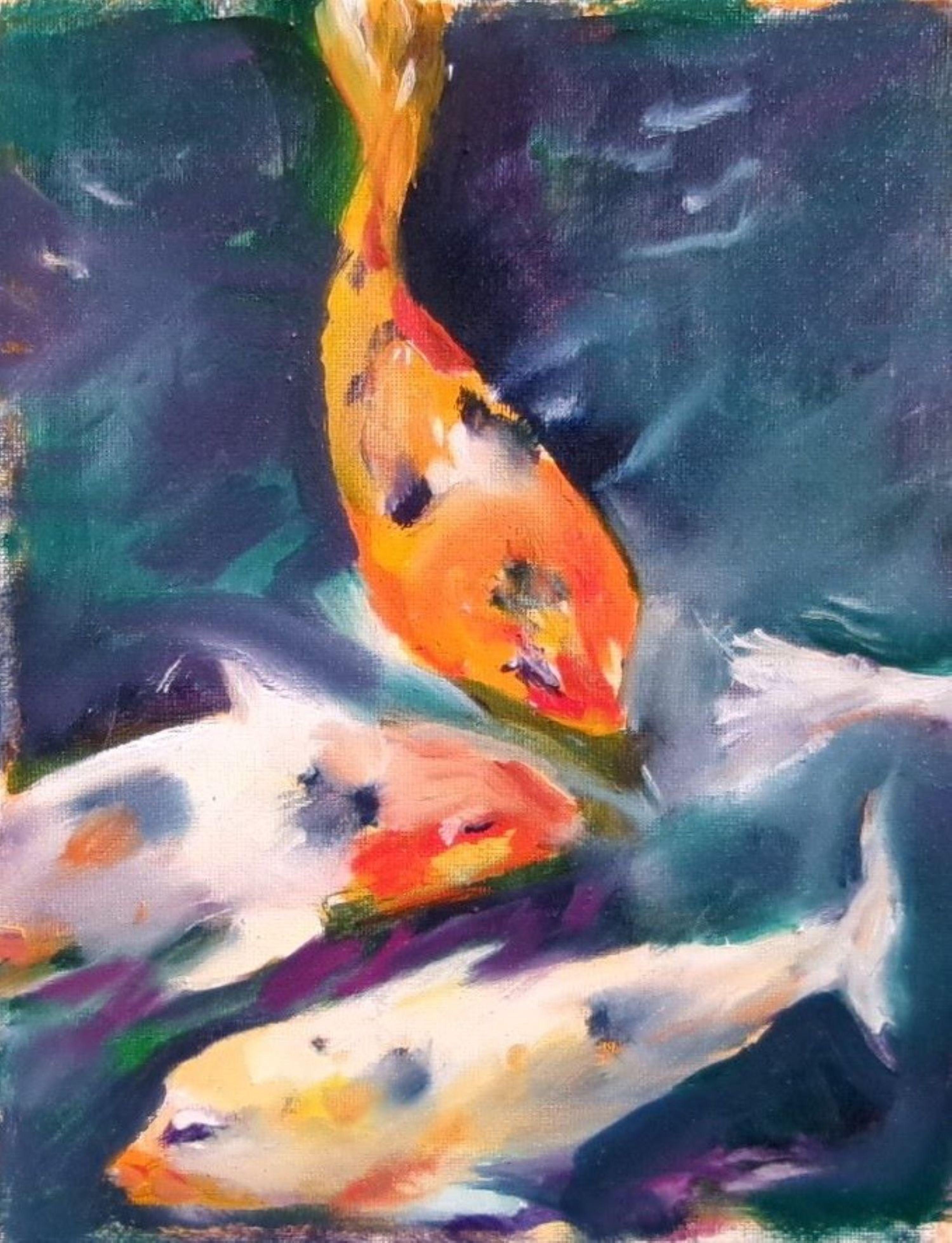 painted from photos at Chanticleer estate koi pond :: Painting :: Contemporary :: This piece comes with an official certificate of authenticity signed by the artist :: Ready to Hang: No :: Signed: Yes :: Signature Location: bottom left :: Canvas ::