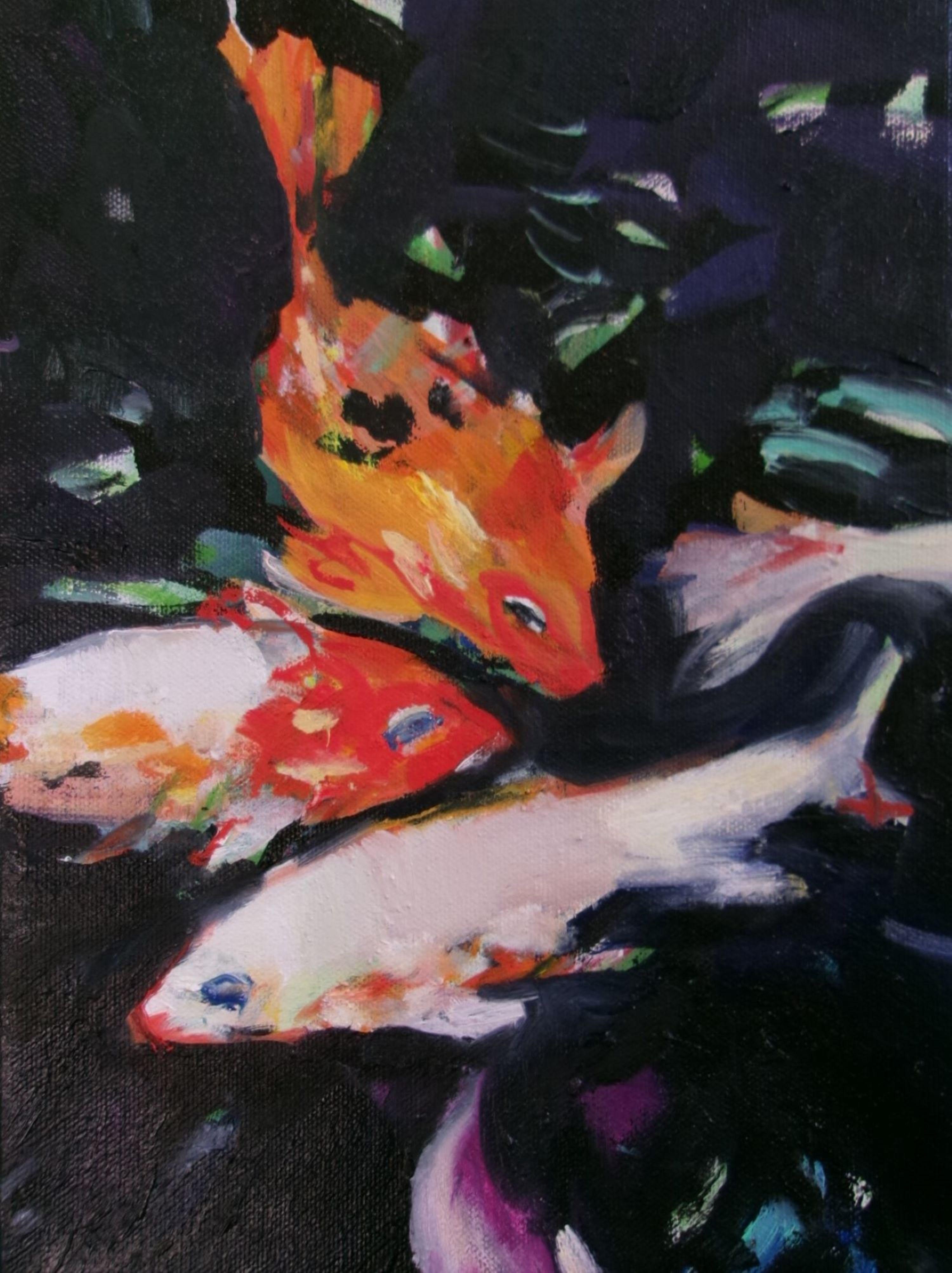 part of my Koi series for an upcoming juried national show and taken from photos at Chanticleer estate :: Painting :: Contemporary :: This piece comes with an official certificate of authenticity signed by the artist :: Ready to Hang: No :: Signed: