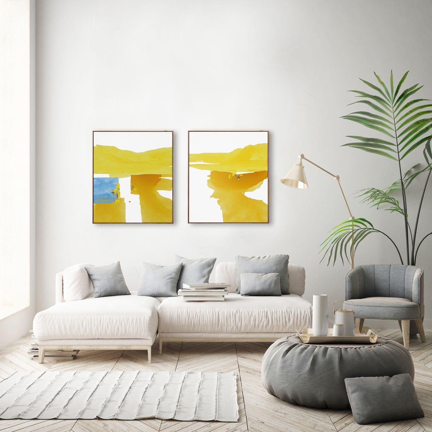 An original, modern abstract landscape painting, inspired by where the river meets mountains. A sunny and vibrant piece.  ?  My work is minimal yet expressive in style, bringing a sense of peacefulness, yet also imbued with an underlying energy.   