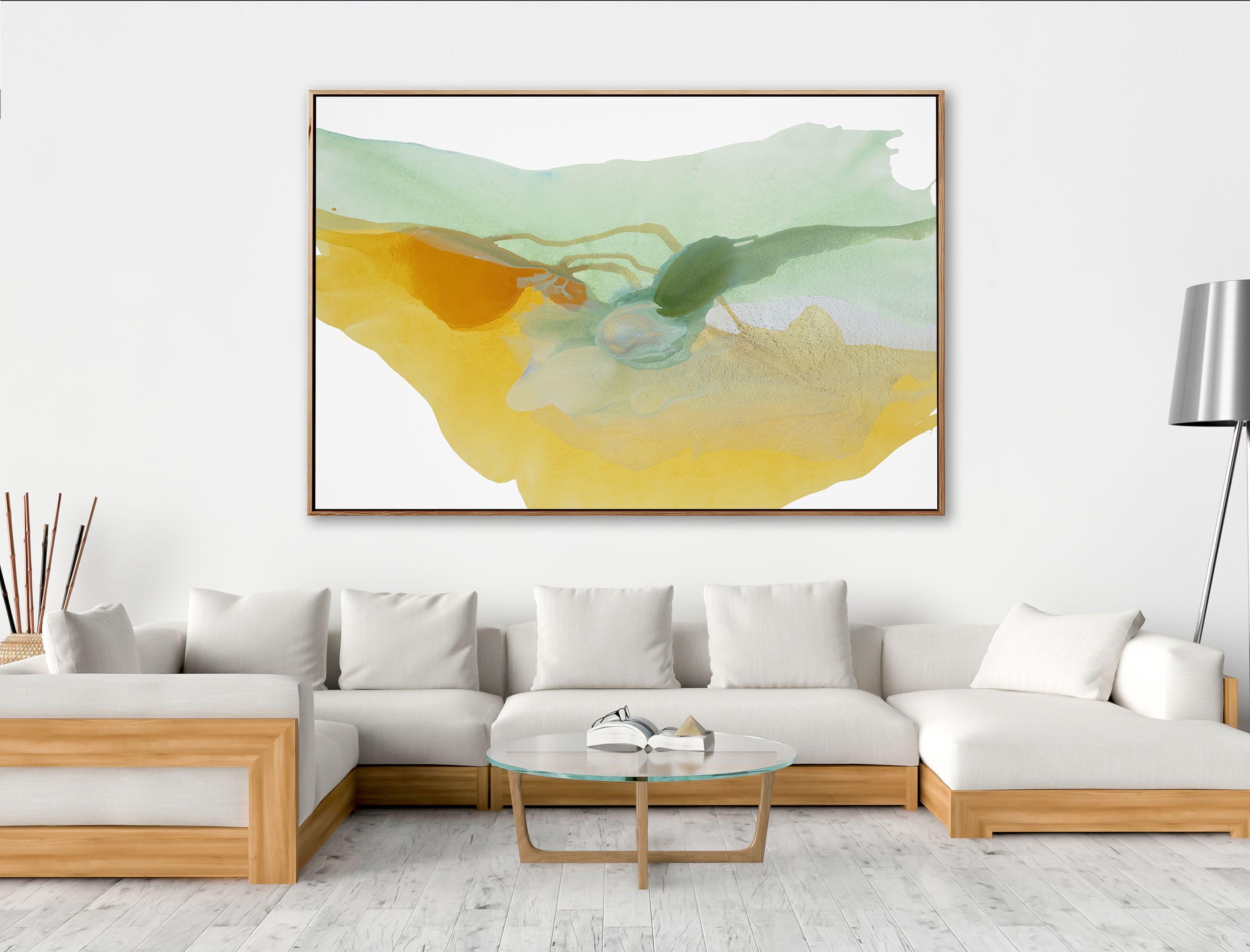 An original minimal abstract painting inspired by the movement of water. A beautiful, sun-filled piece with lovely translucent coloring. Ships rolled. -- Includes -- *One original painting, unframed *Signed on the back -- Details -- *Acrylic on