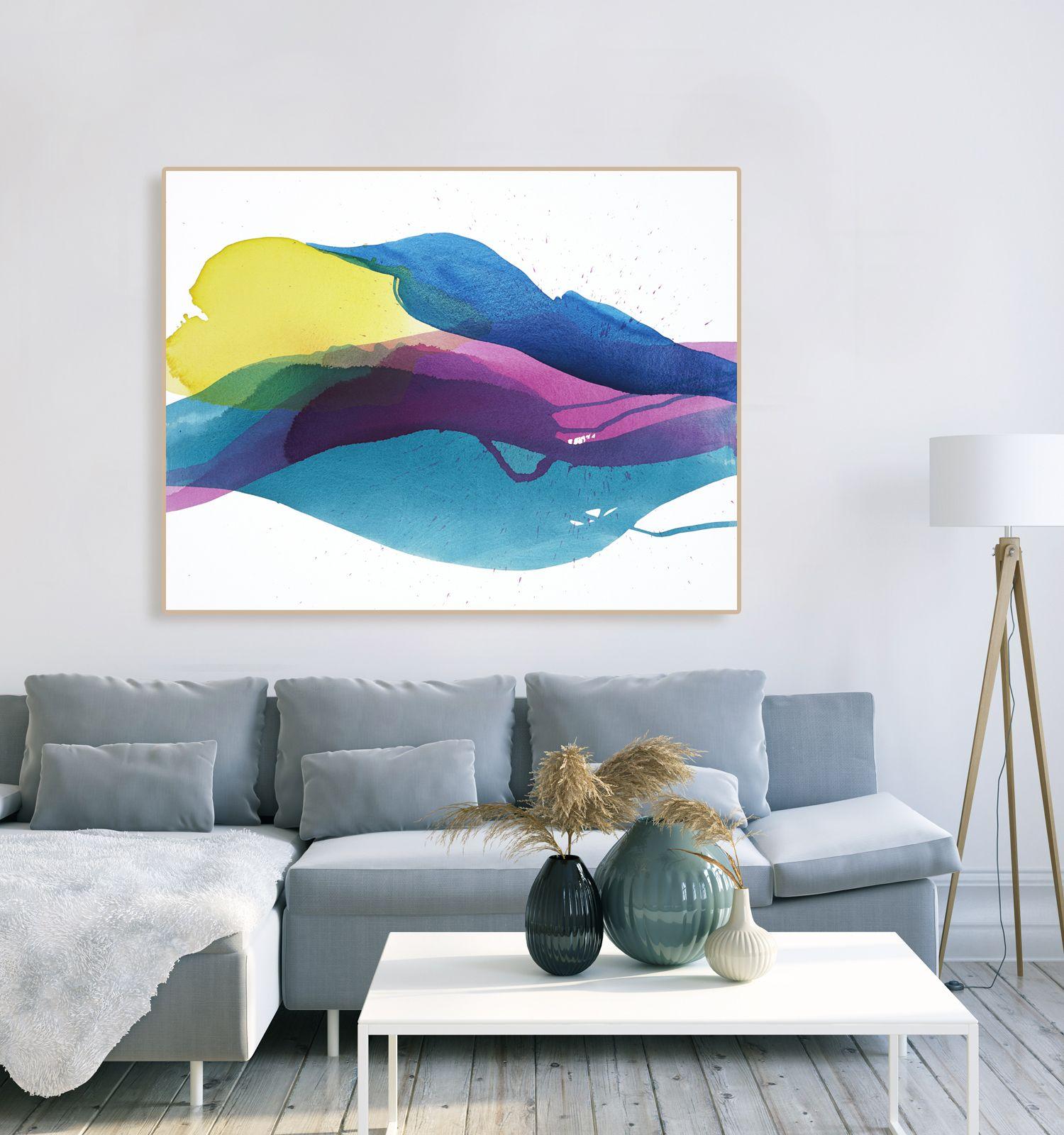 A vibrant, colorful abstract painting inspired by dazzling summer sunsets, featuring delicate veils of paint.    -- INCLUDES --    *One original painting, unframed    *Signed on the back       -- DETAILS --    *Acrylic on canvas    *Measures 55