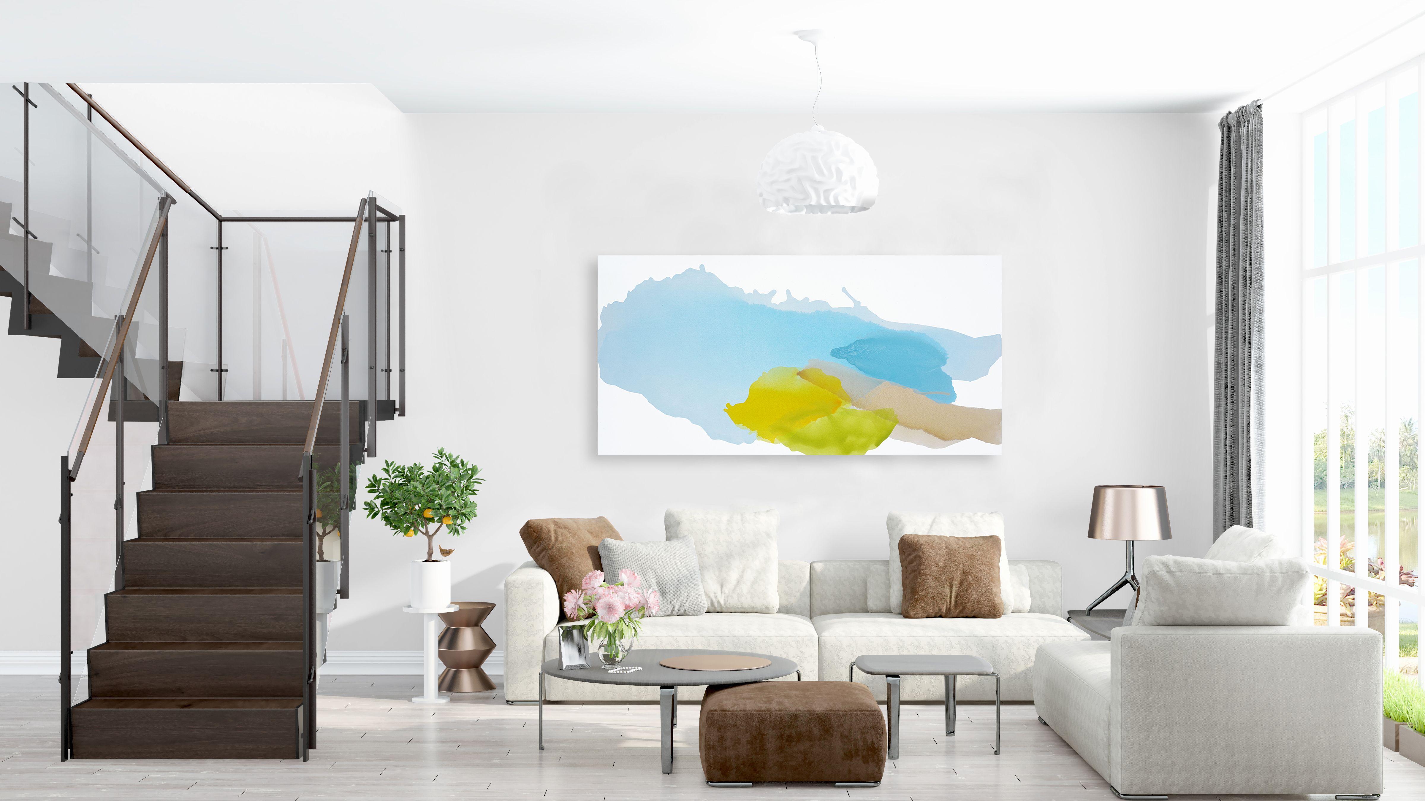 An extra large contemporary abstract painting, inspired by bright skies after a quick summer storm. Features delicate veils of vibrant paint.    My work is minimal yet expressive in style, bringing a sense of peacefulness, yet also imbued with an