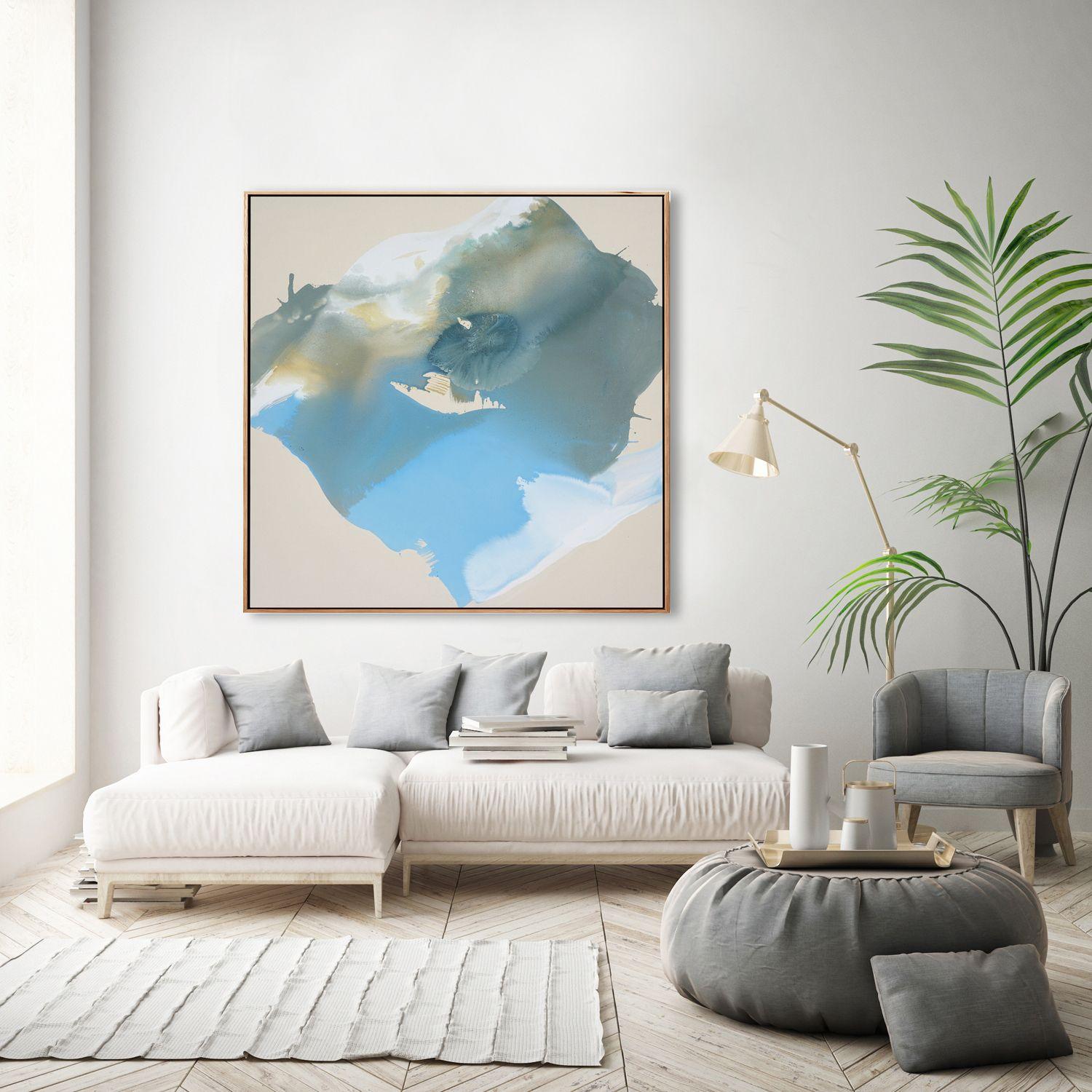 An original minimal abstract painting inspired by the movement of the sea. A beautiful, stained raw canvas piece with delicate veils of color.    -- Includes --  *One original painting, unframed, unstretched  *Signed on the back     -- Details -- 