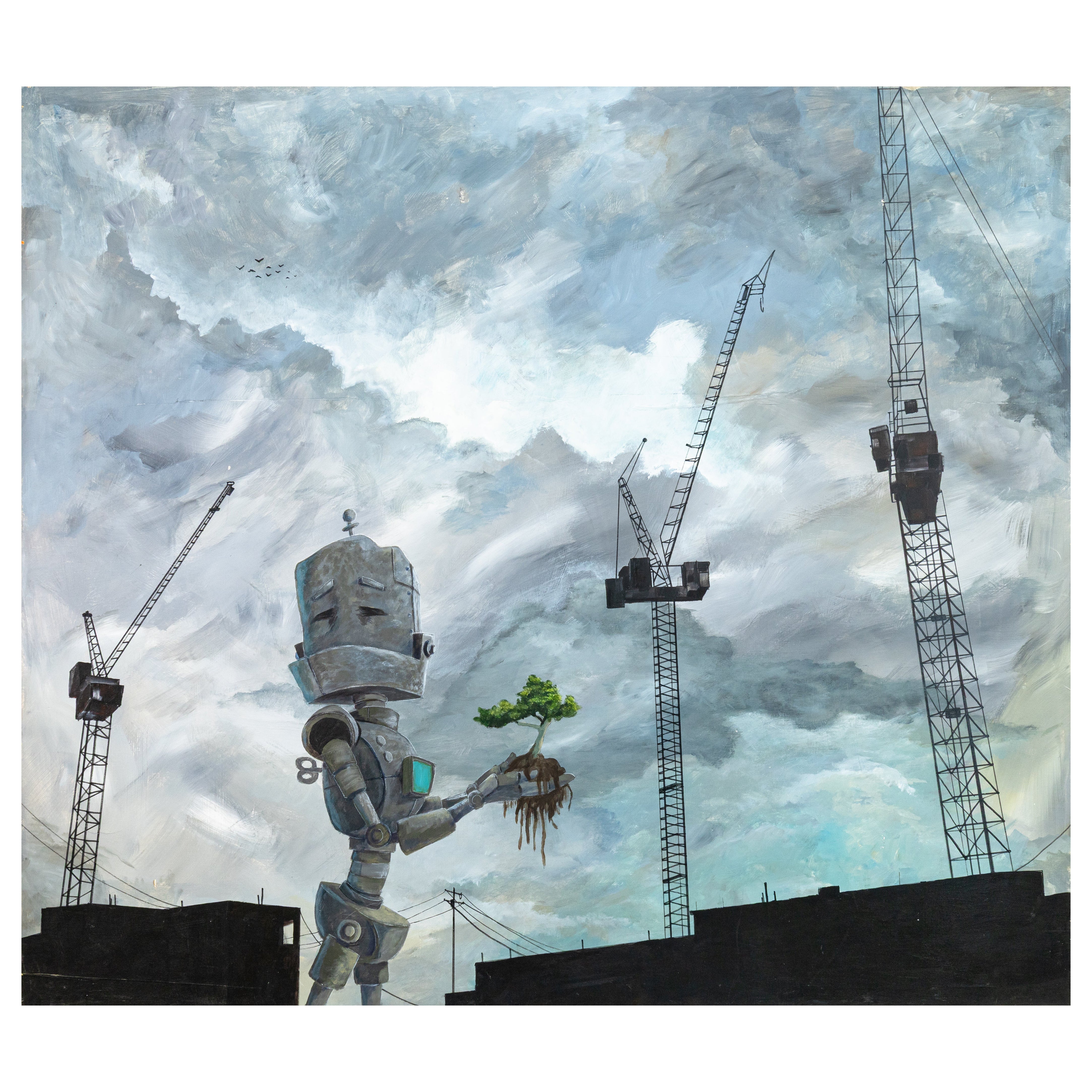 Lauren Briere Industrial Bot Signed Contemporary Fantasy Sci-Fi Oil Painting For Sale