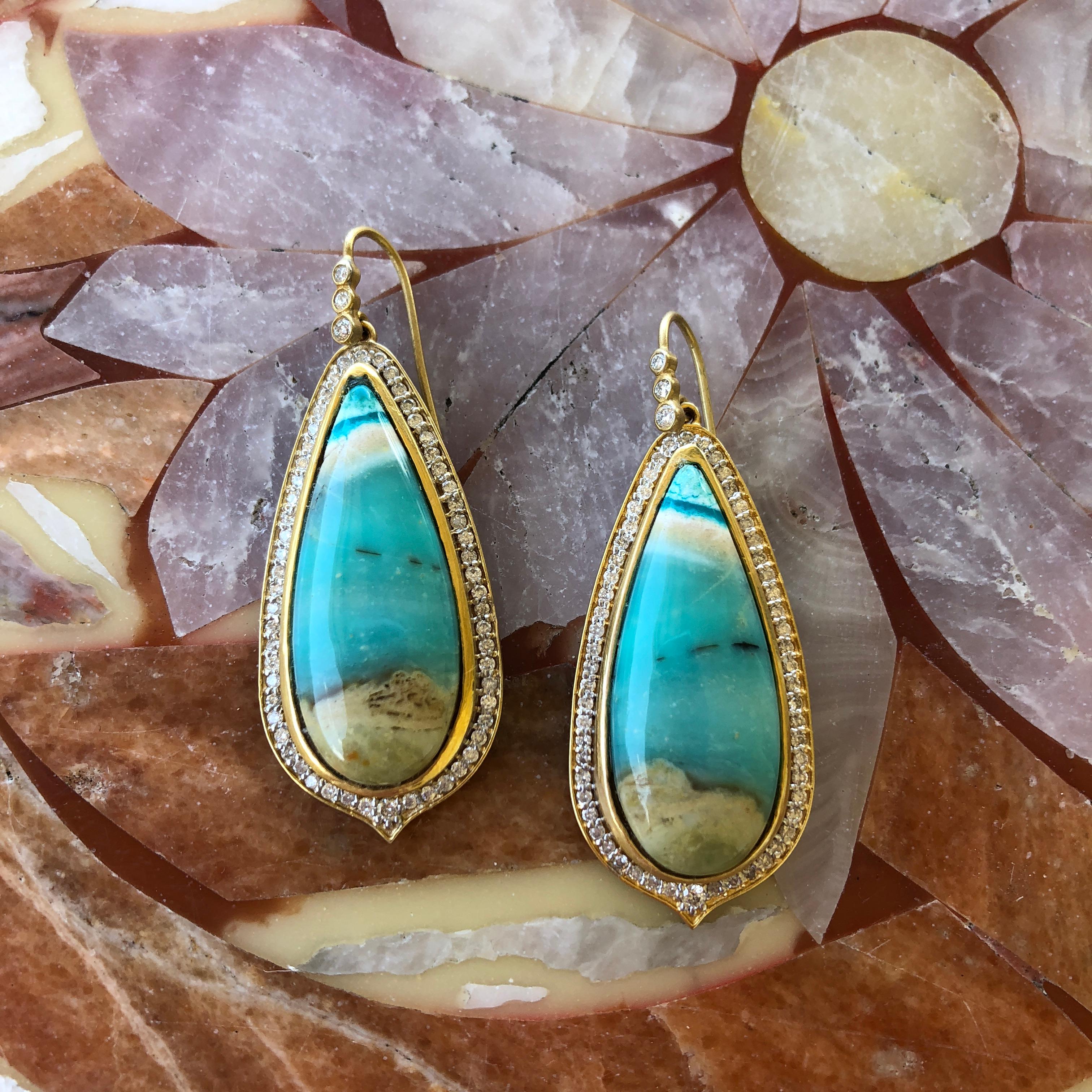 Artist Lauren Harper 1.03 Carat Diamonds Opalized Petrified Wood Gold Earrings For Sale