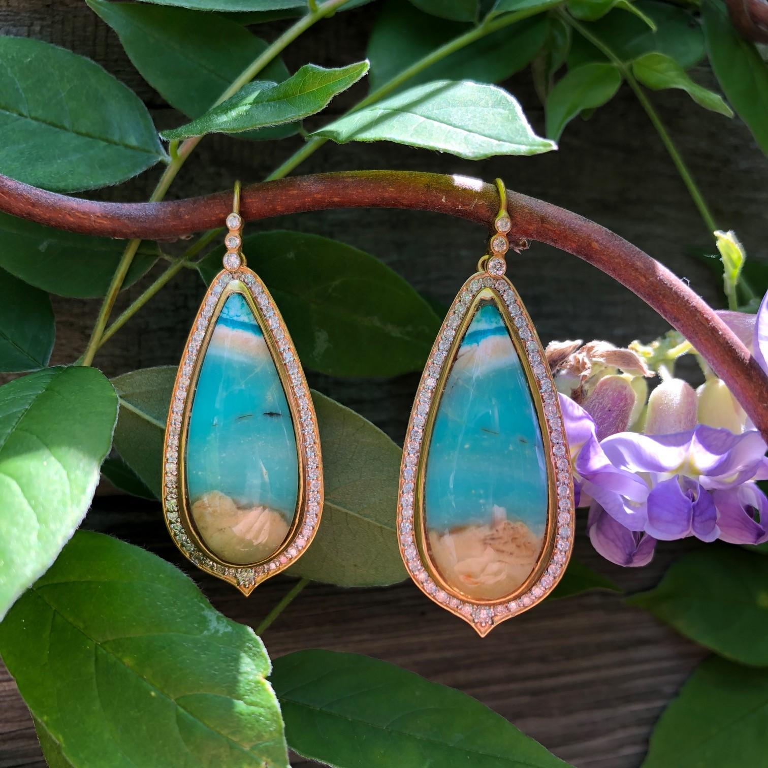 Pear Cut Lauren Harper 1.03 Carat Diamonds Opalized Petrified Wood Gold Earrings For Sale