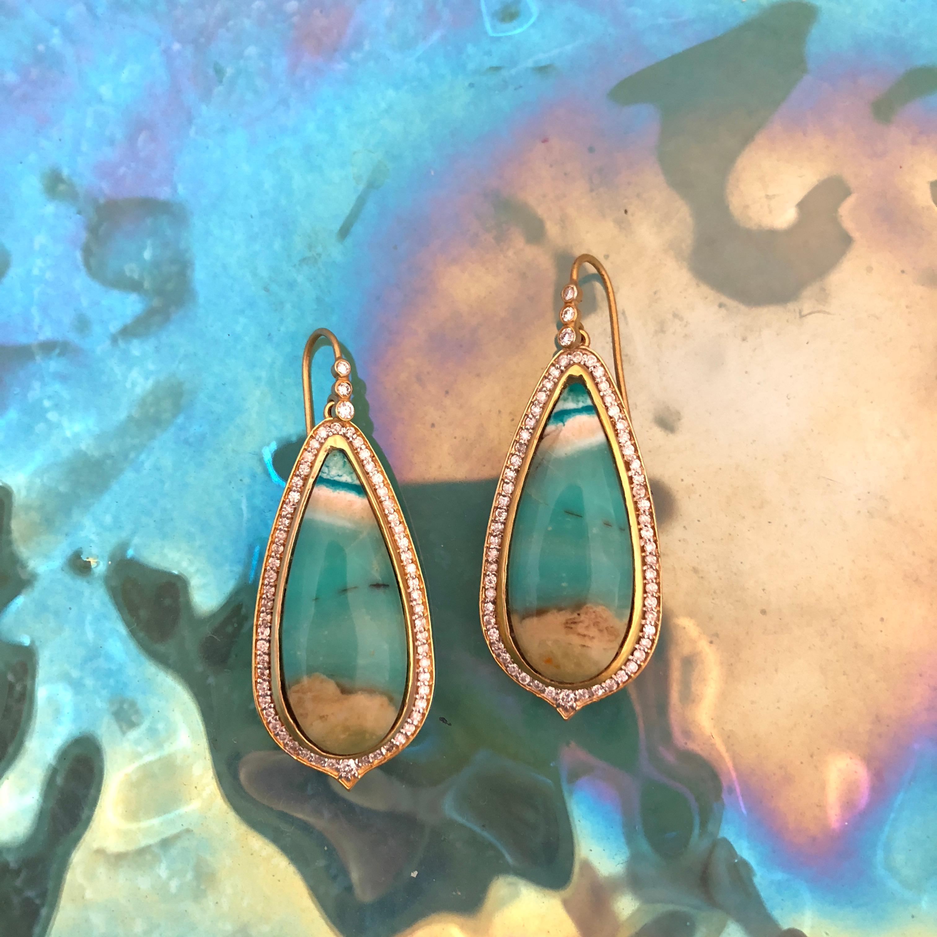 Women's Lauren Harper 1.03 Carat Diamonds Opalized Petrified Wood Gold Earrings For Sale