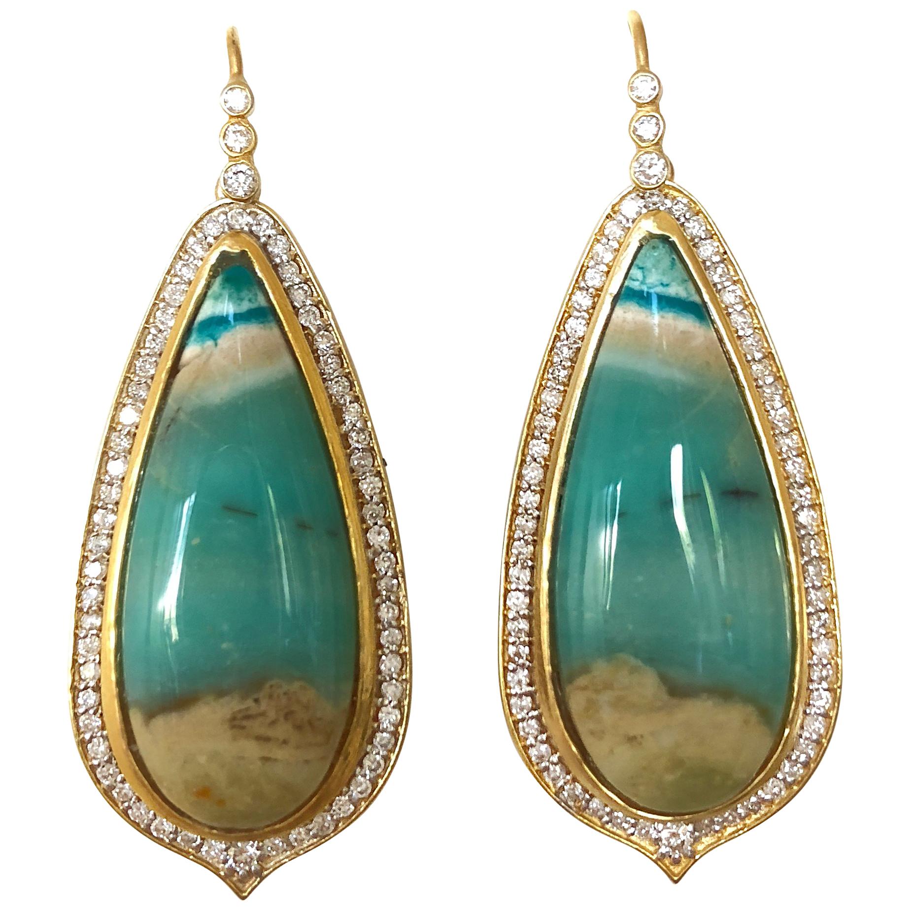 Lauren Harper 1.03 Carat Diamonds Opalized Petrified Wood Gold Earrings For Sale