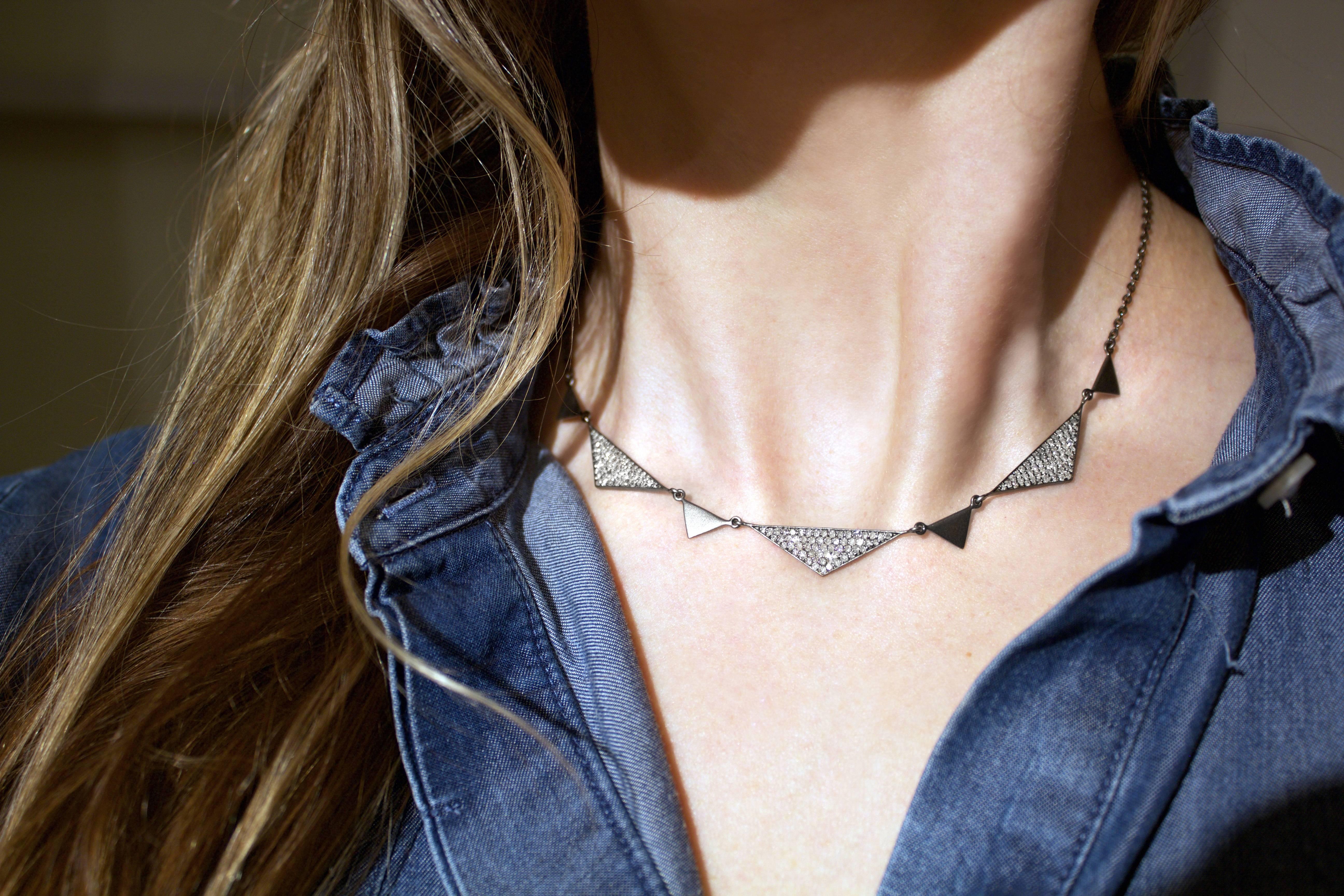 Trinity Necklace handmade by jewelry designer Lauren Harper in matte-finished oxidized sterling silver with 1.92 total carats of round brilliant-cut white diamonds on an oxidized sterling silver extension chain that can be worn at any length between