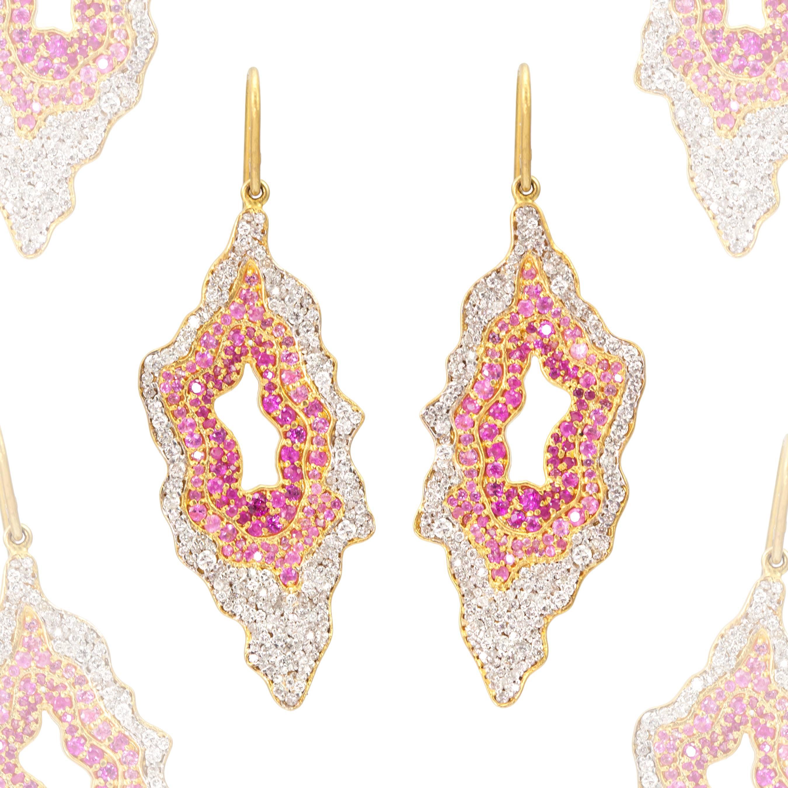 Round Cut Lauren Harper 4.12 Carat Pink and White Sapphire Gold Organic Drop Earrings