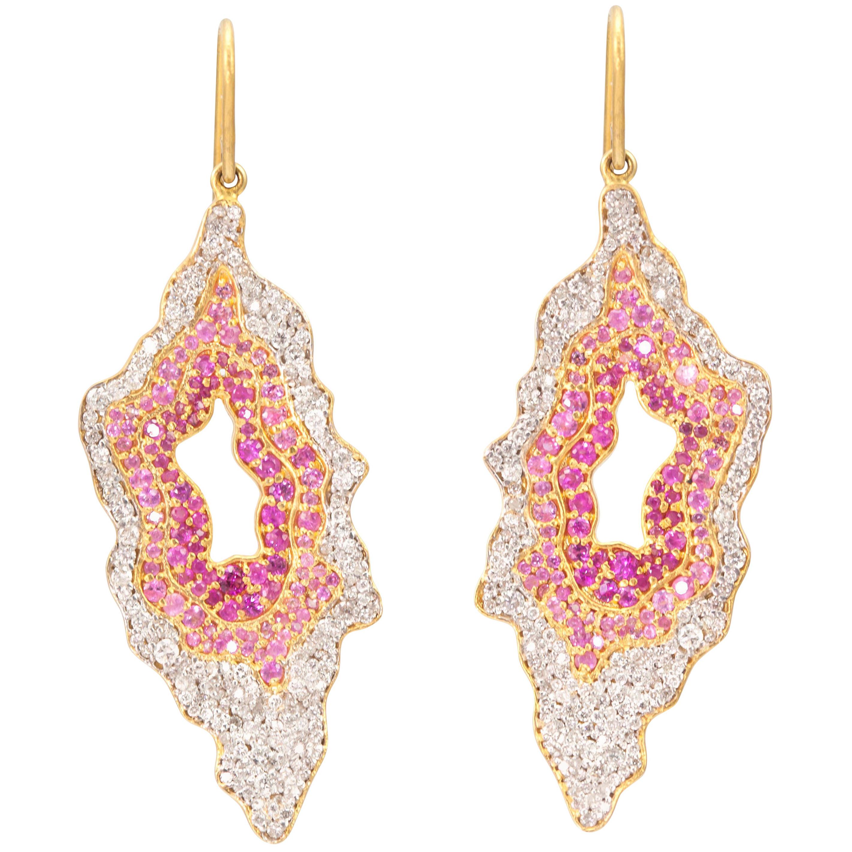 Lauren Harper 4.12 Carat Pink and White Sapphire Gold Organic Drop Earrings