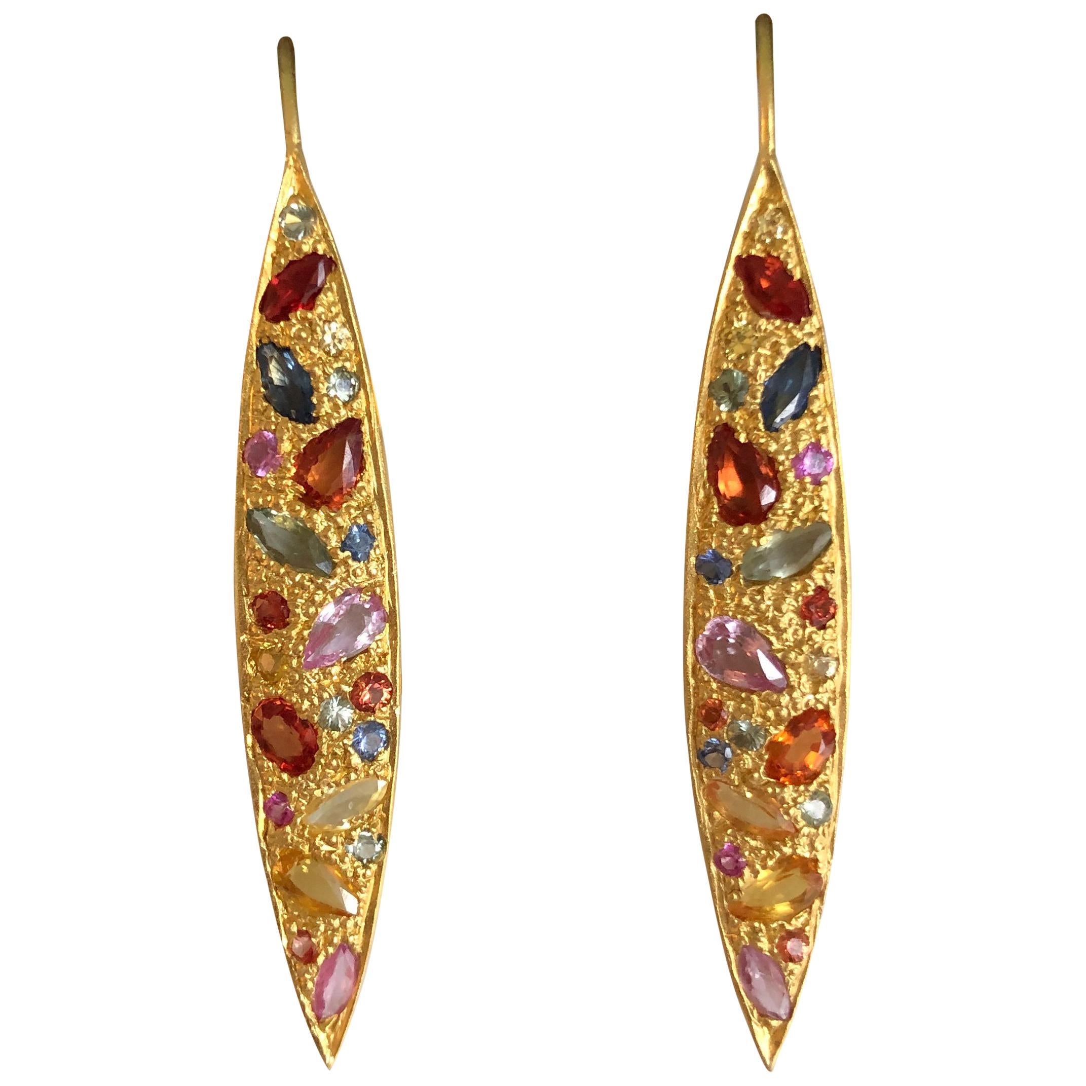 4.75 Carat Multicolored Sapphire Gold Earrings by Lauren Harper For Sale