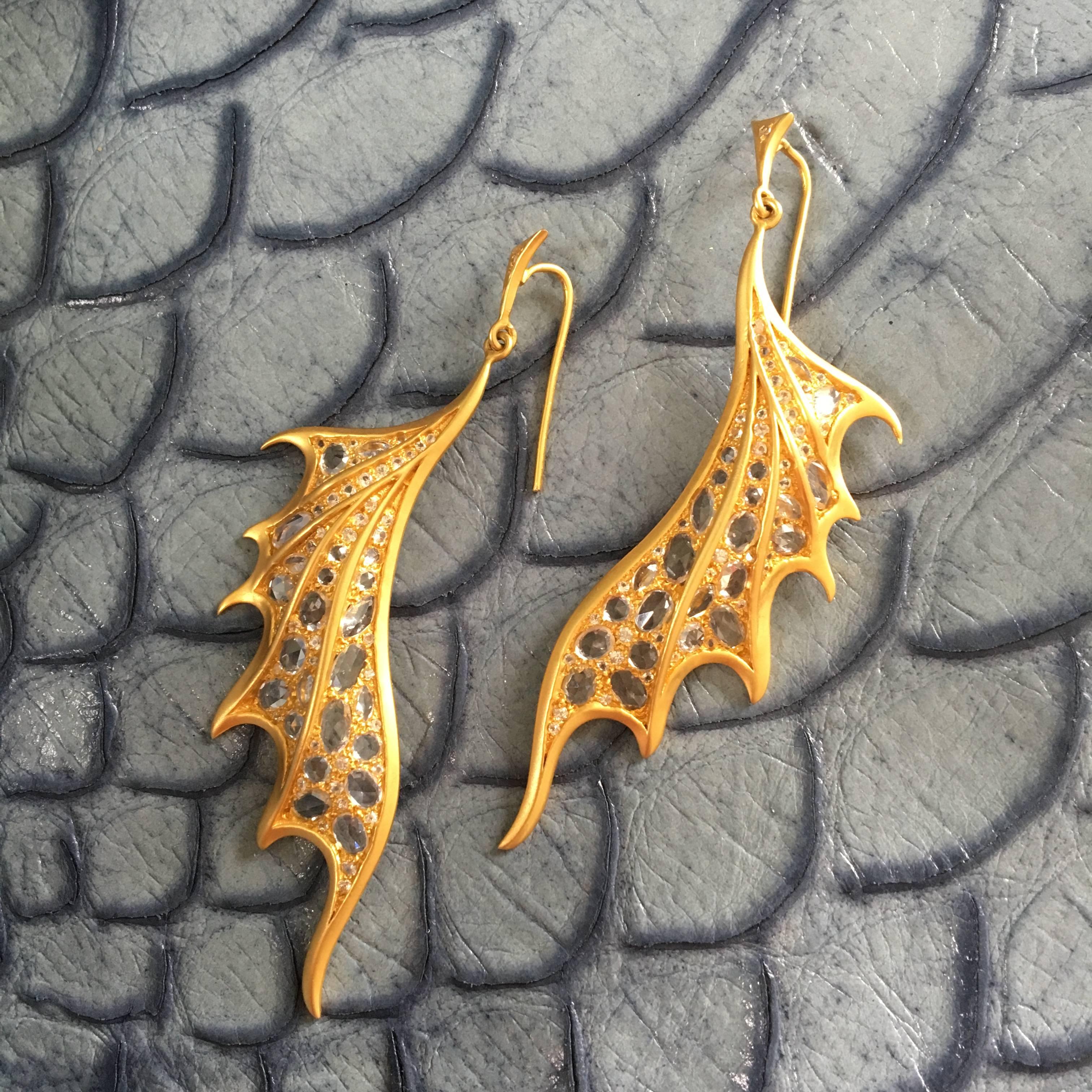 Lauren Harper 6.15 Carat White Sapphires, 18 Karat Gold Dragon Wing Earrings 4