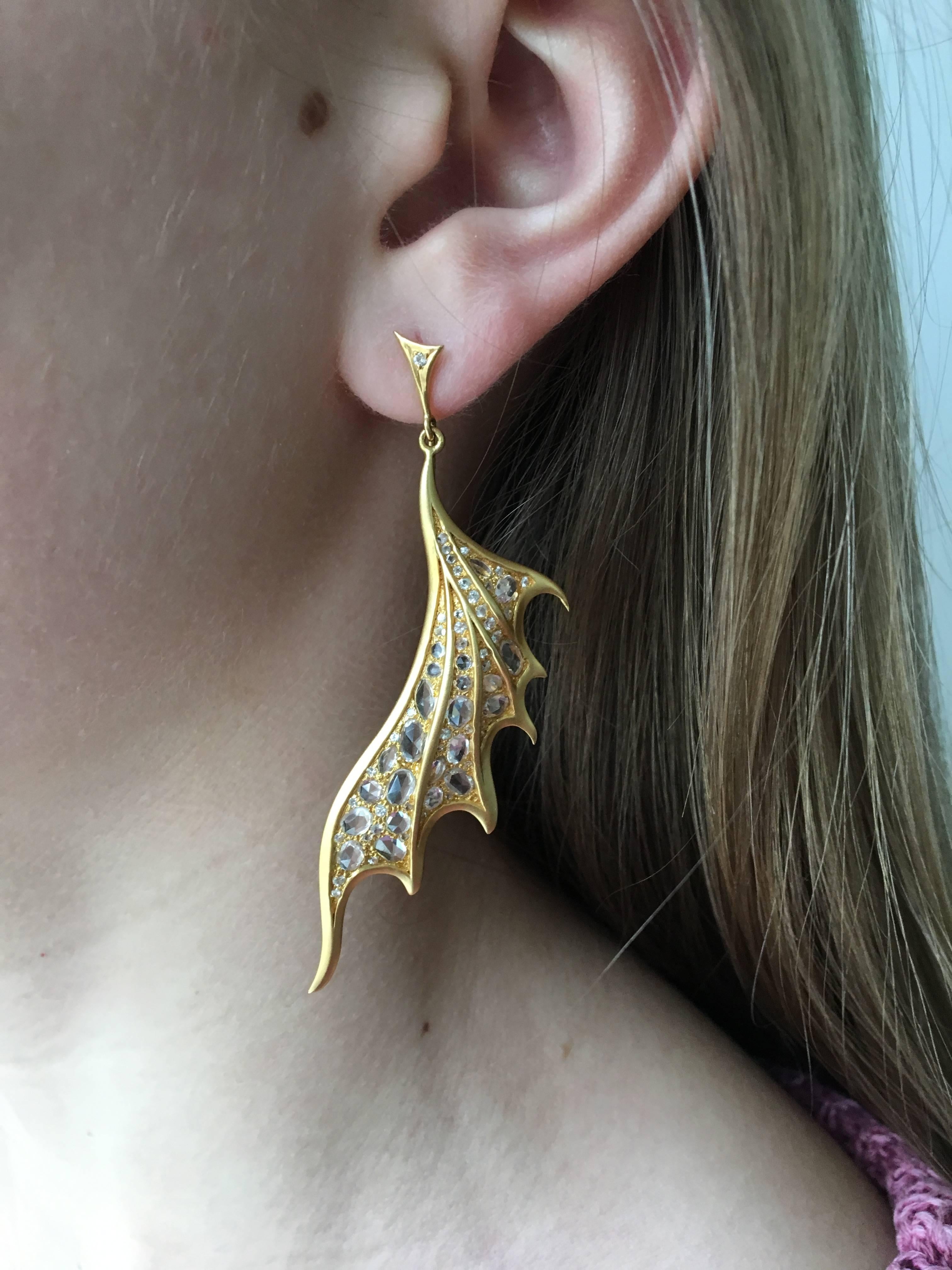 Artist Lauren Harper 6.15 Carat White Sapphires, 18 Karat Gold Dragon Wing Earrings