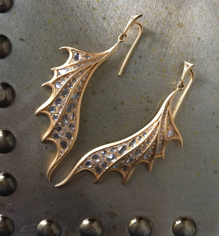 Lauren Harper 6.15 Carat White Sapphires, 18 Karat Gold Dragon Wing Earrings at 1stDibs