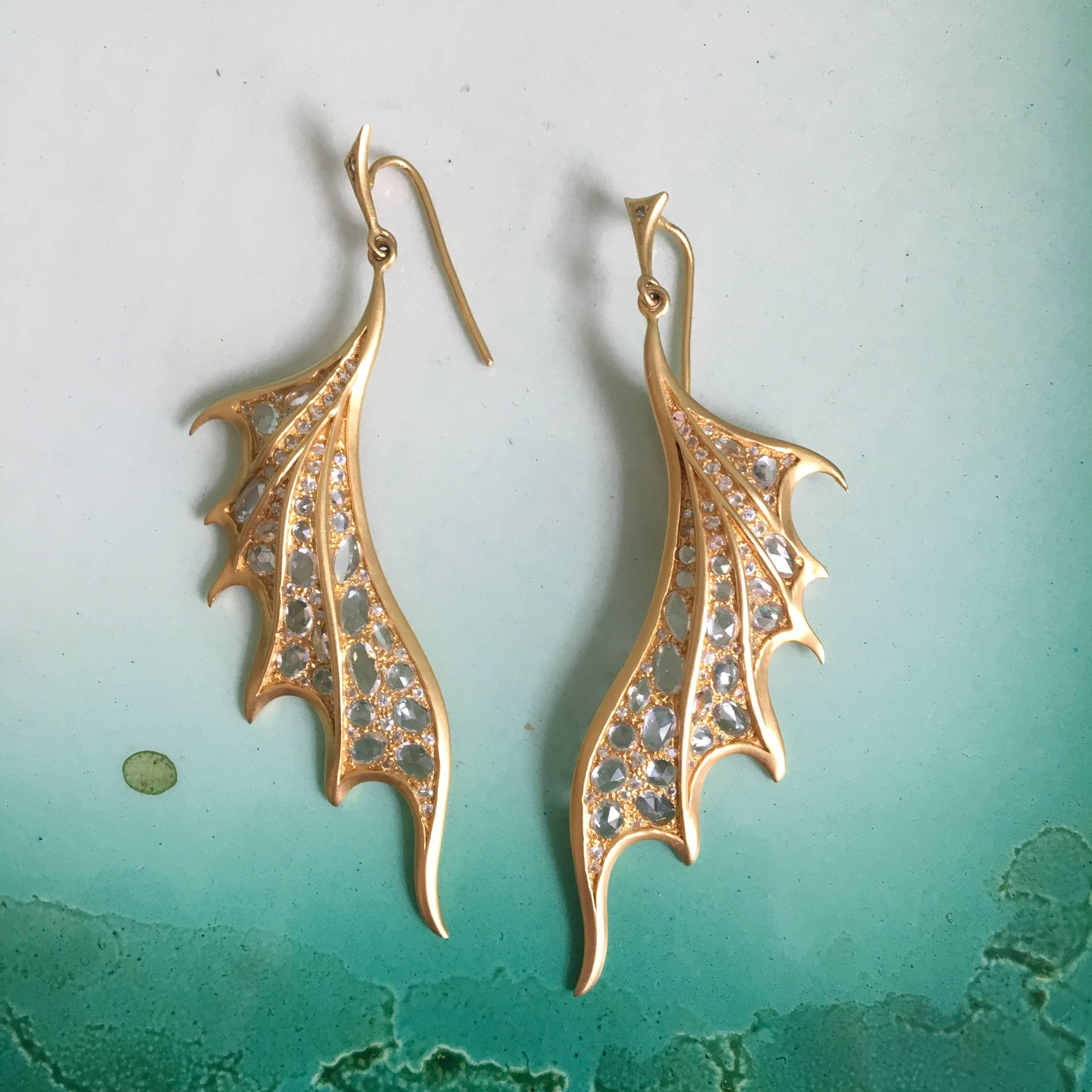 Lauren Harper 6.15 Carat White Sapphires, 18 Karat Gold Dragon Wing Earrings 2