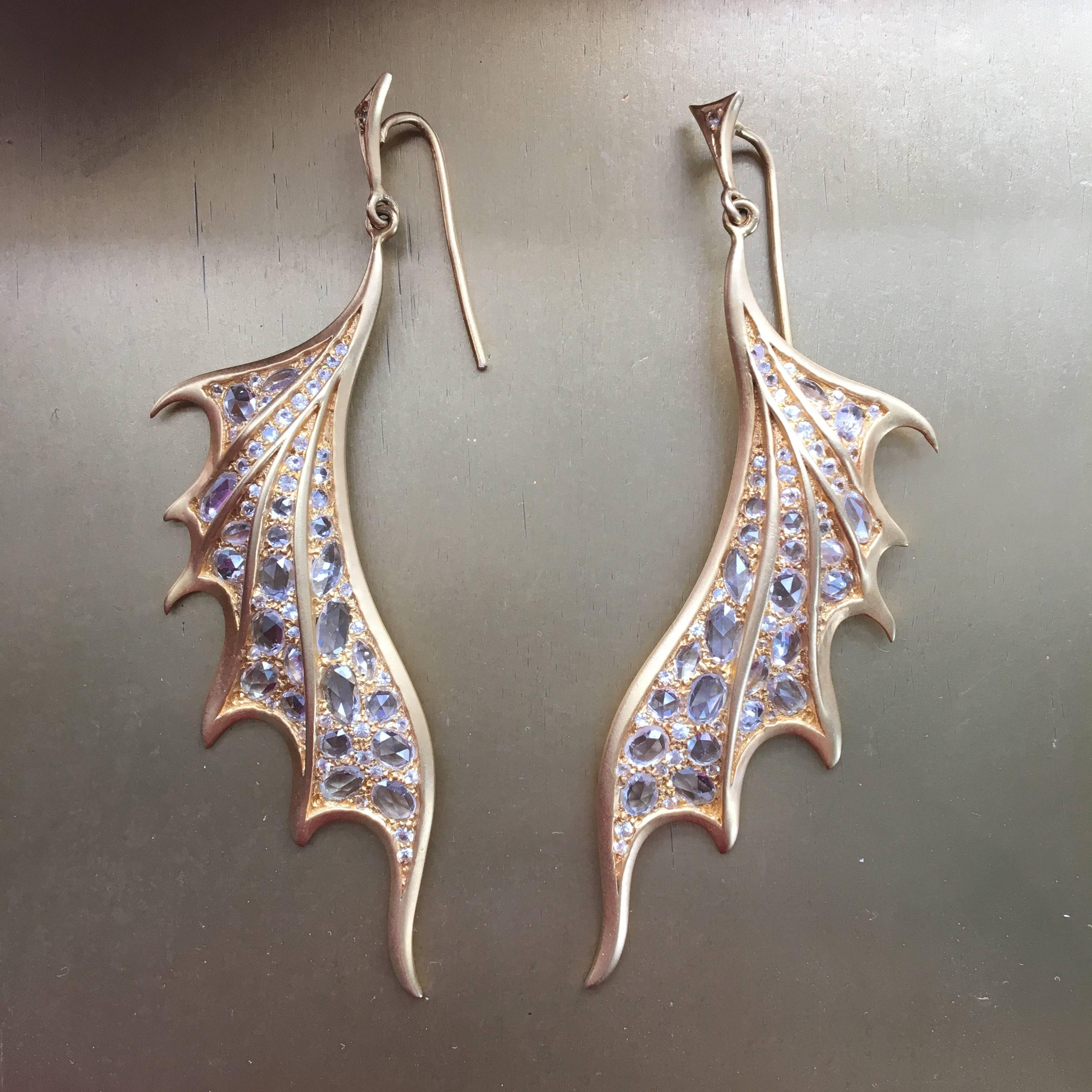 Lauren Harper 6.15 Carat White Sapphires, 18 Karat Gold Dragon Wing Earrings 3