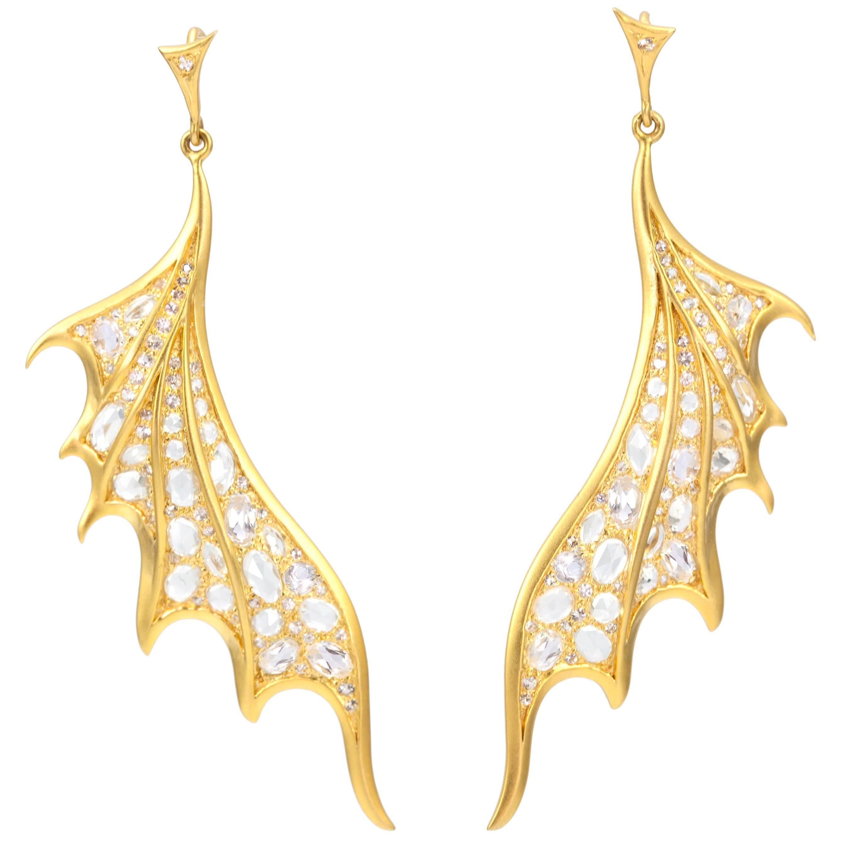 Lauren Harper 6.15 Carat White Sapphires, 18 Karat Gold Dragon Wing Earrings