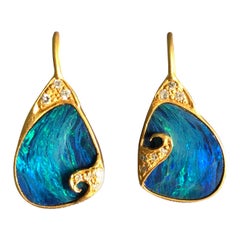 Lauren Harper 7.53 Carat Boulder Opals .22 Carat Diamond Gold Earrings