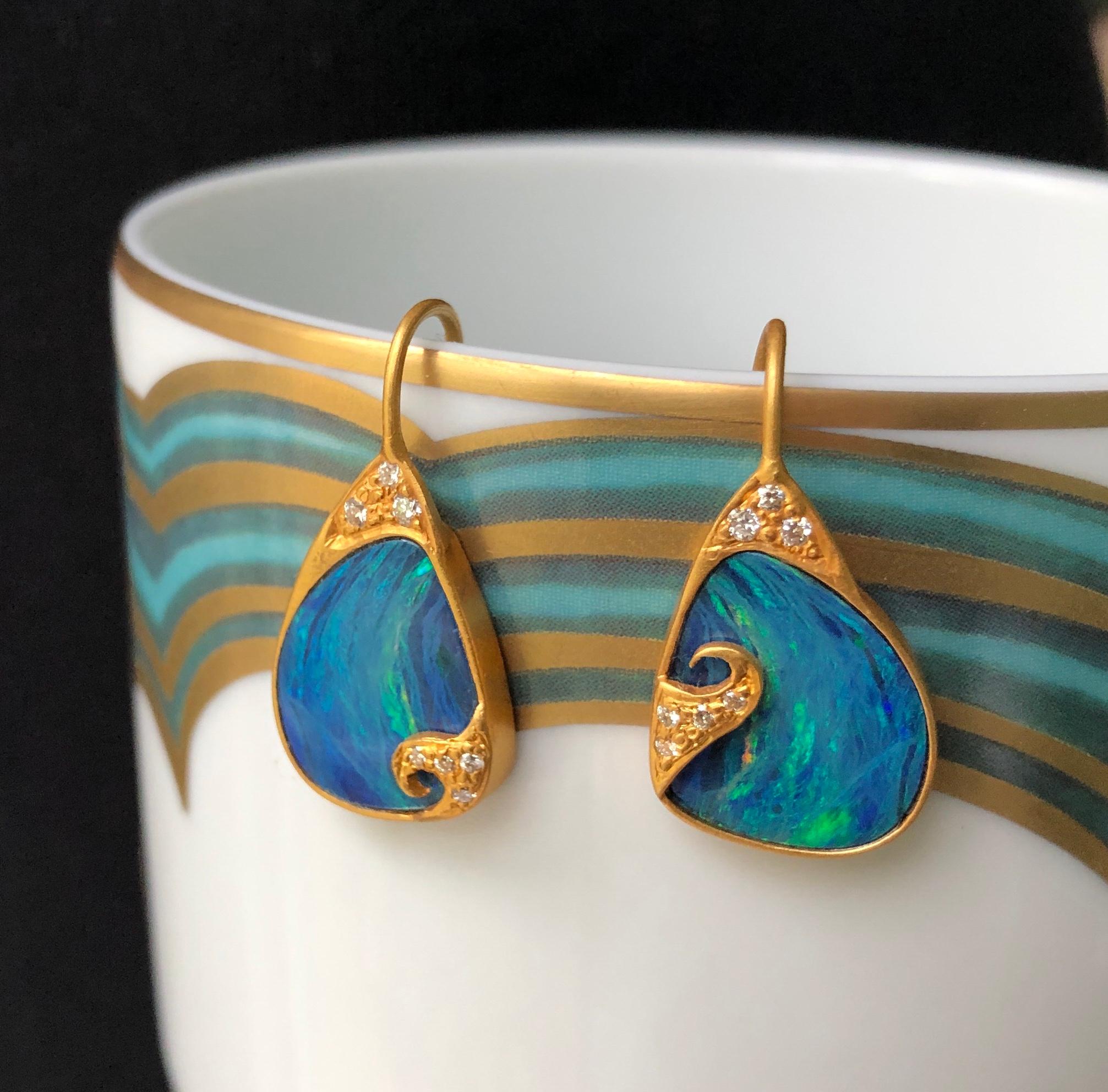 Artist Lauren Harper 7.53 Carat Boulder Opals .22 Carat Diamond Gold Earrings