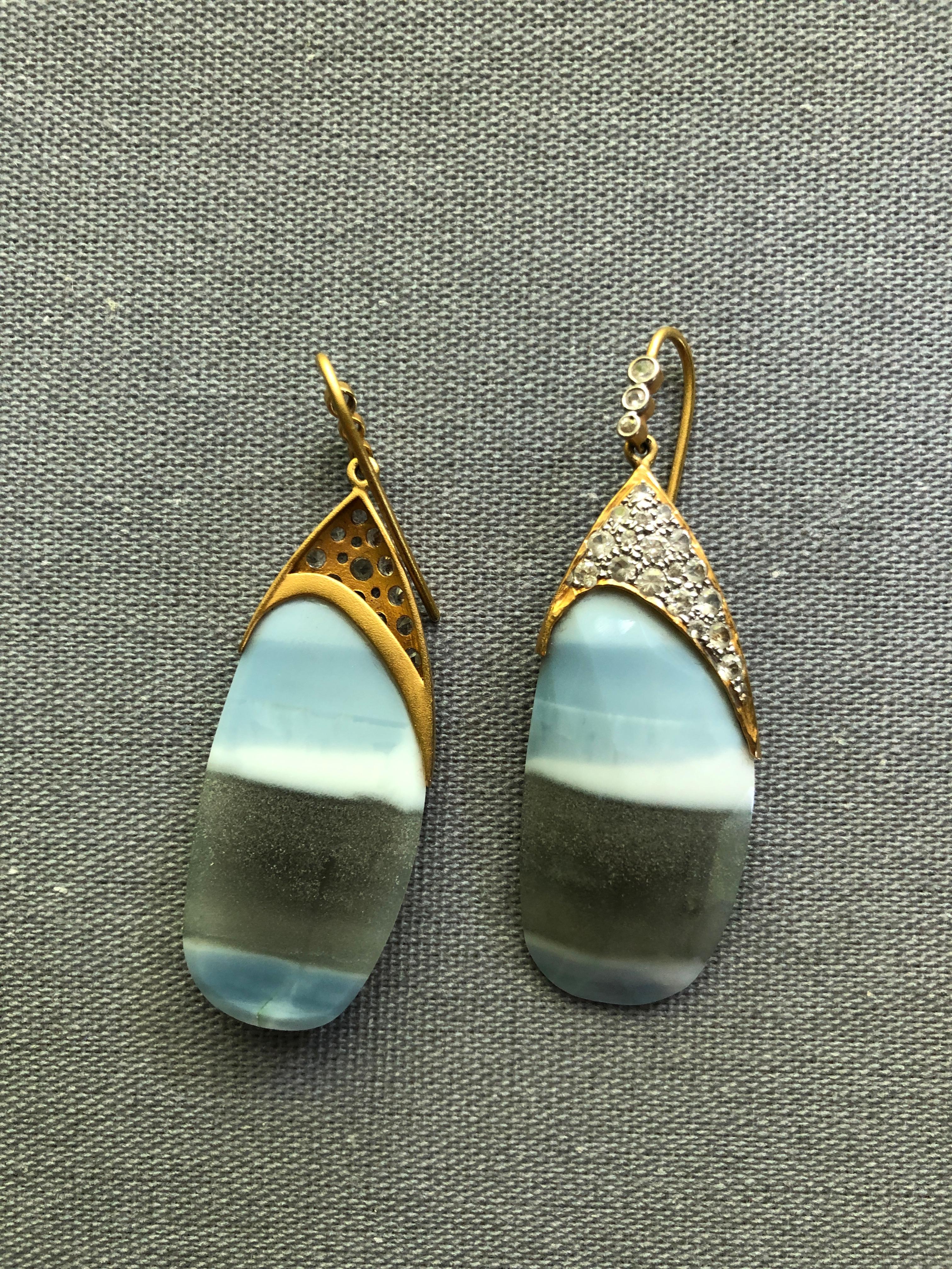 African Opal White Sapphire Gold Earrings by Lauren Harper For Sale 4