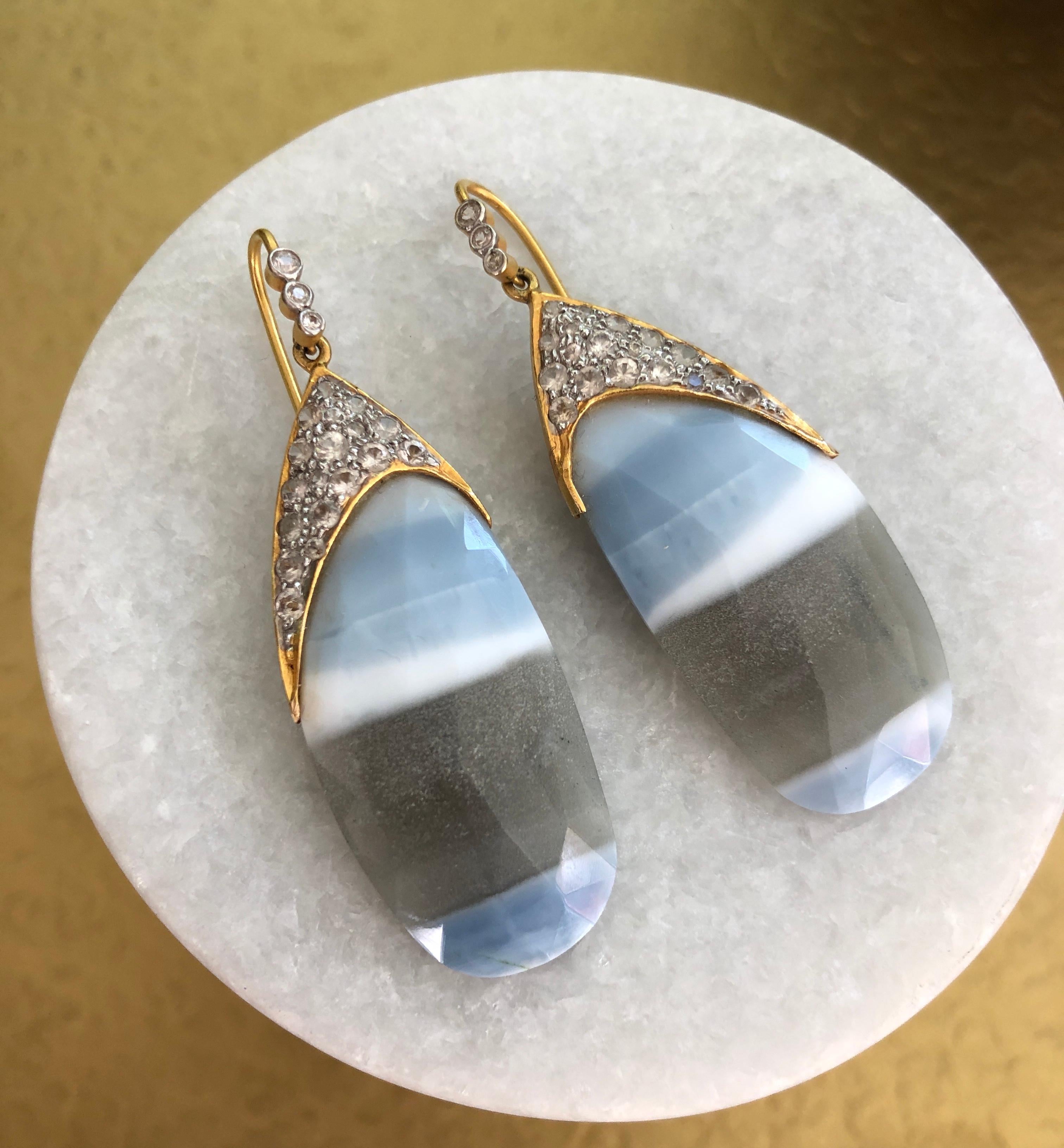 Artisan African Opal White Sapphire Gold Earrings by Lauren Harper For Sale