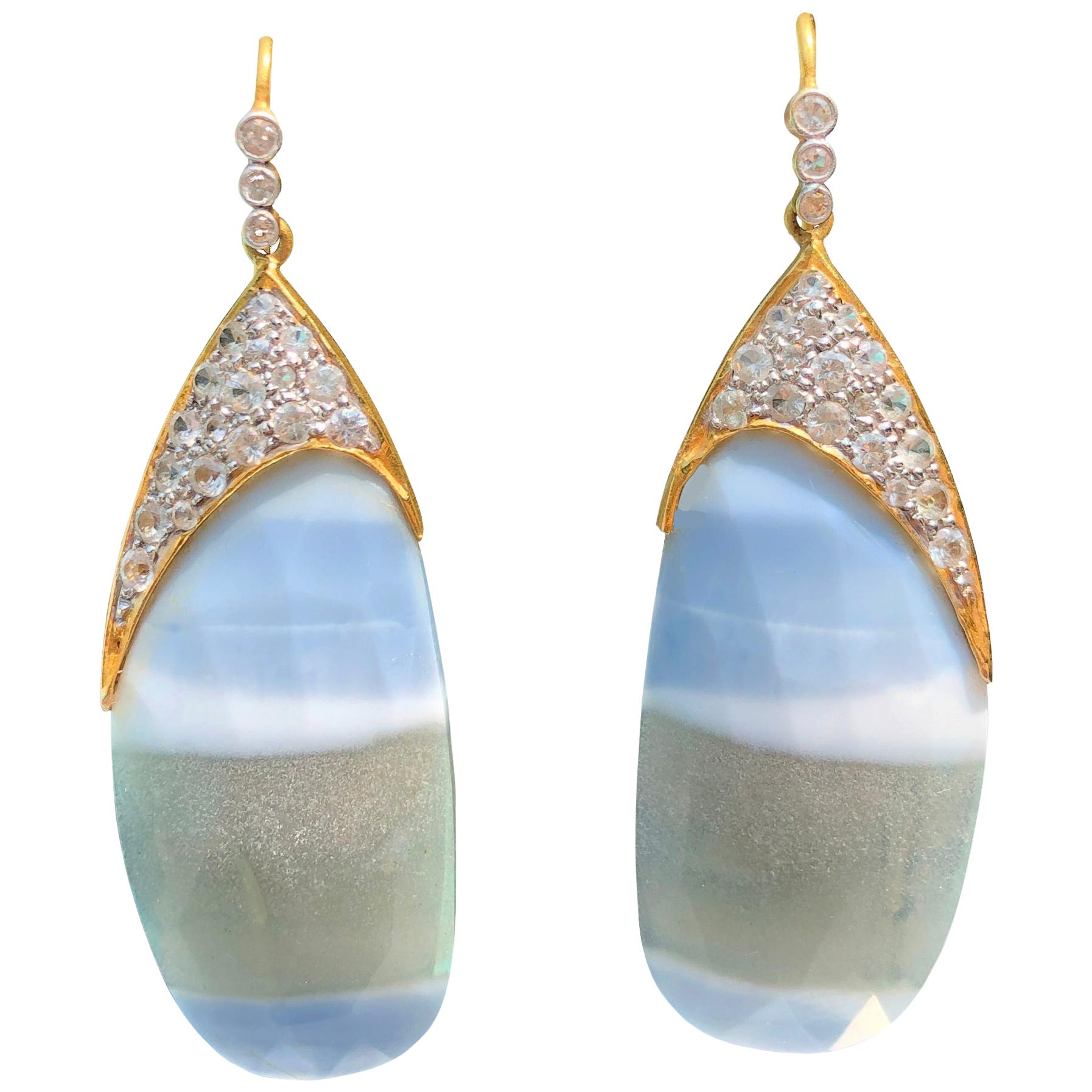 African Opal White Sapphire Gold Earrings by Lauren Harper