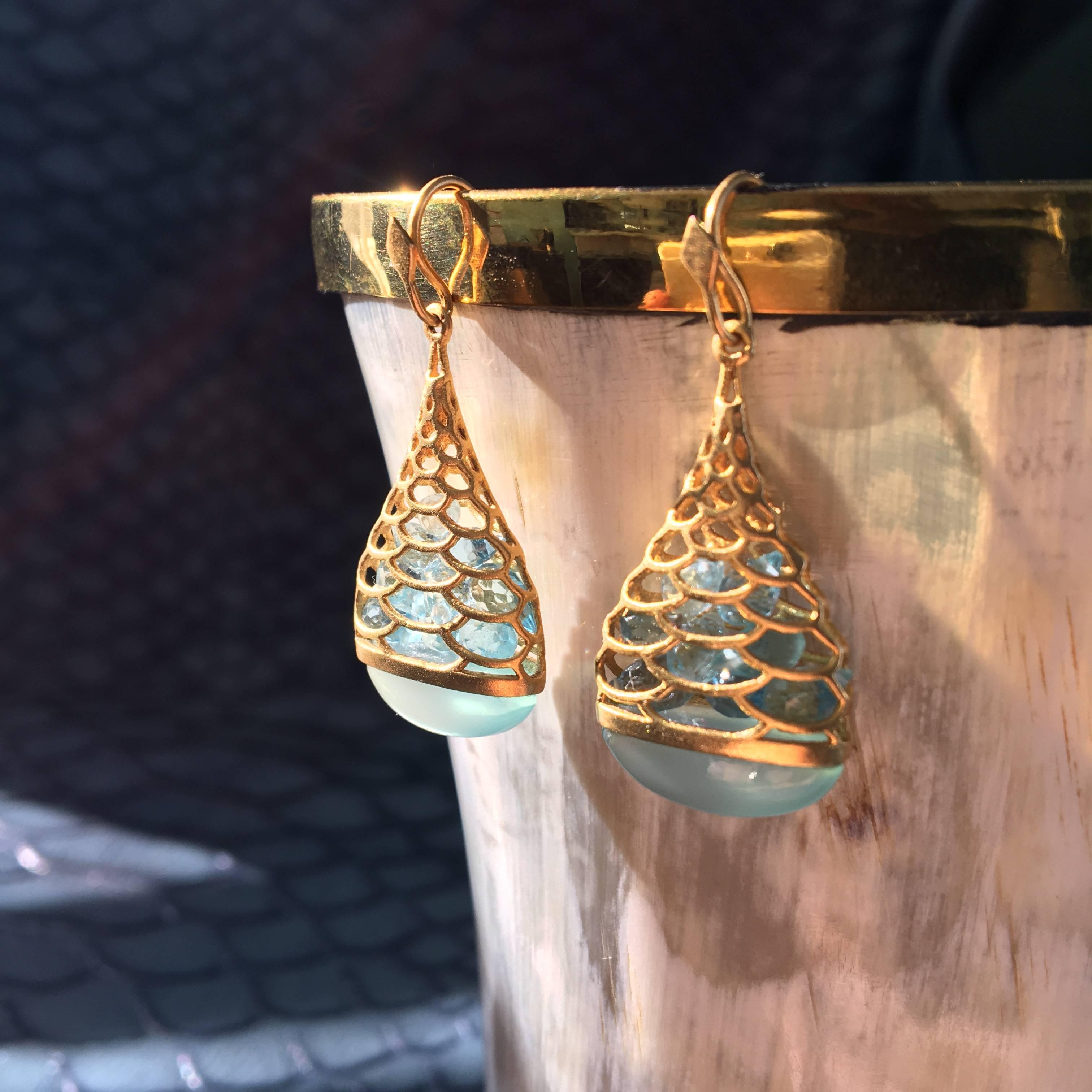 Artist Aquamarine Chalcedony Gold Drop Earrings by Lauren Harper For Sale