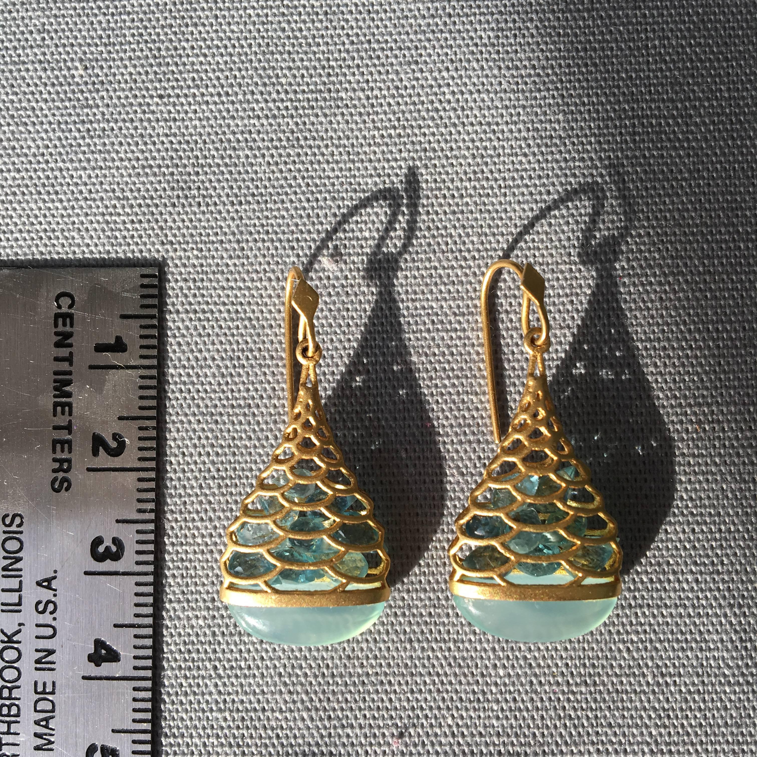 Aquamarine Chalcedony Gold Drop Earrings by Lauren Harper For Sale 1