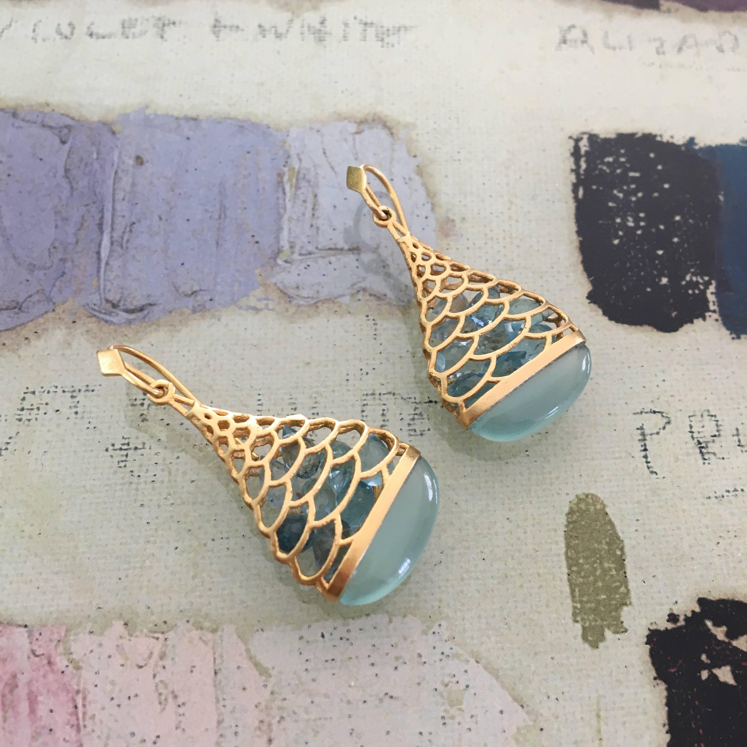 Aquamarine Chalcedony Gold Drop Earrings by Lauren Harper For Sale 2