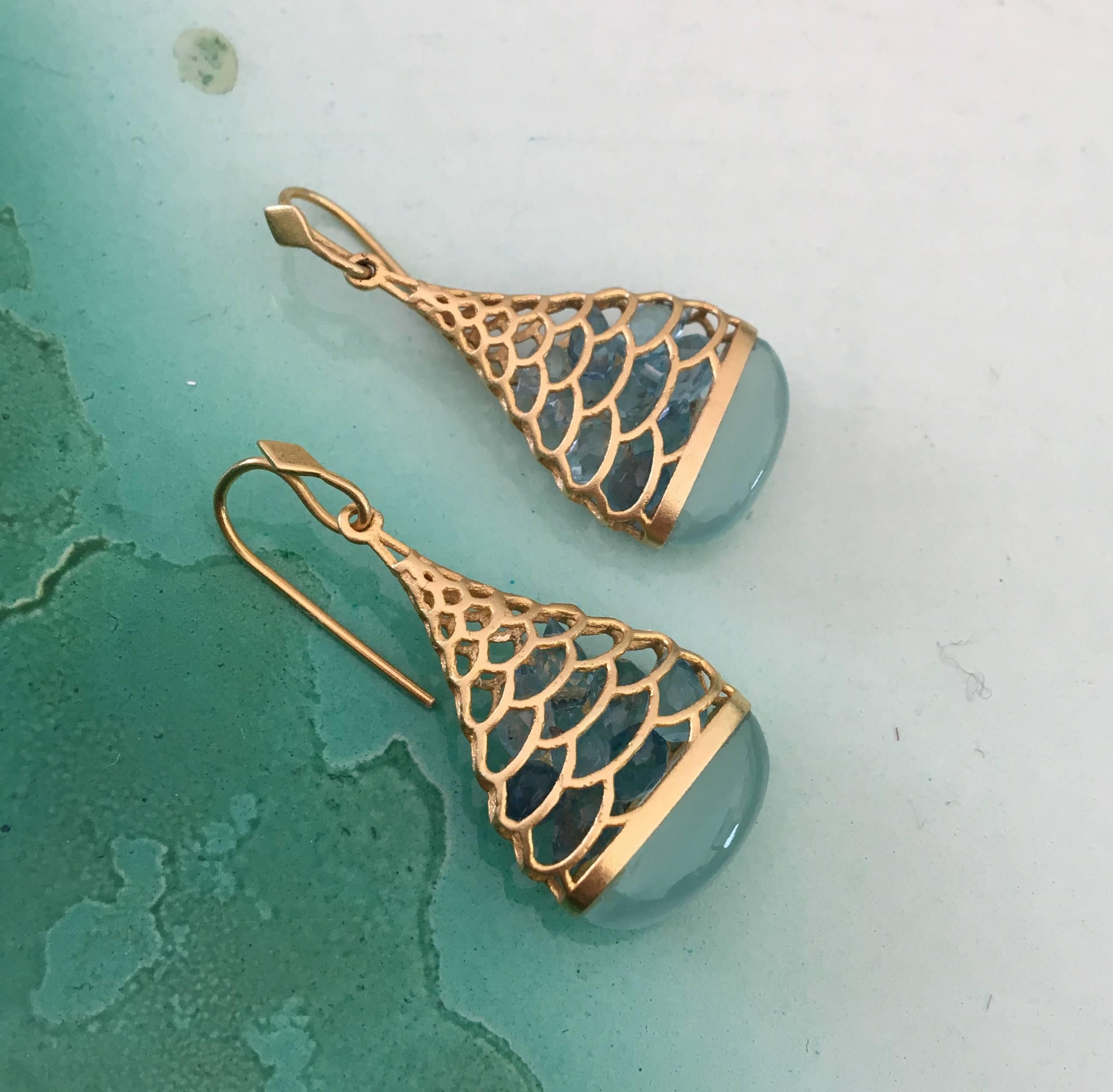 Aquamarine Chalcedony Gold Drop Earrings by Lauren Harper For Sale 3
