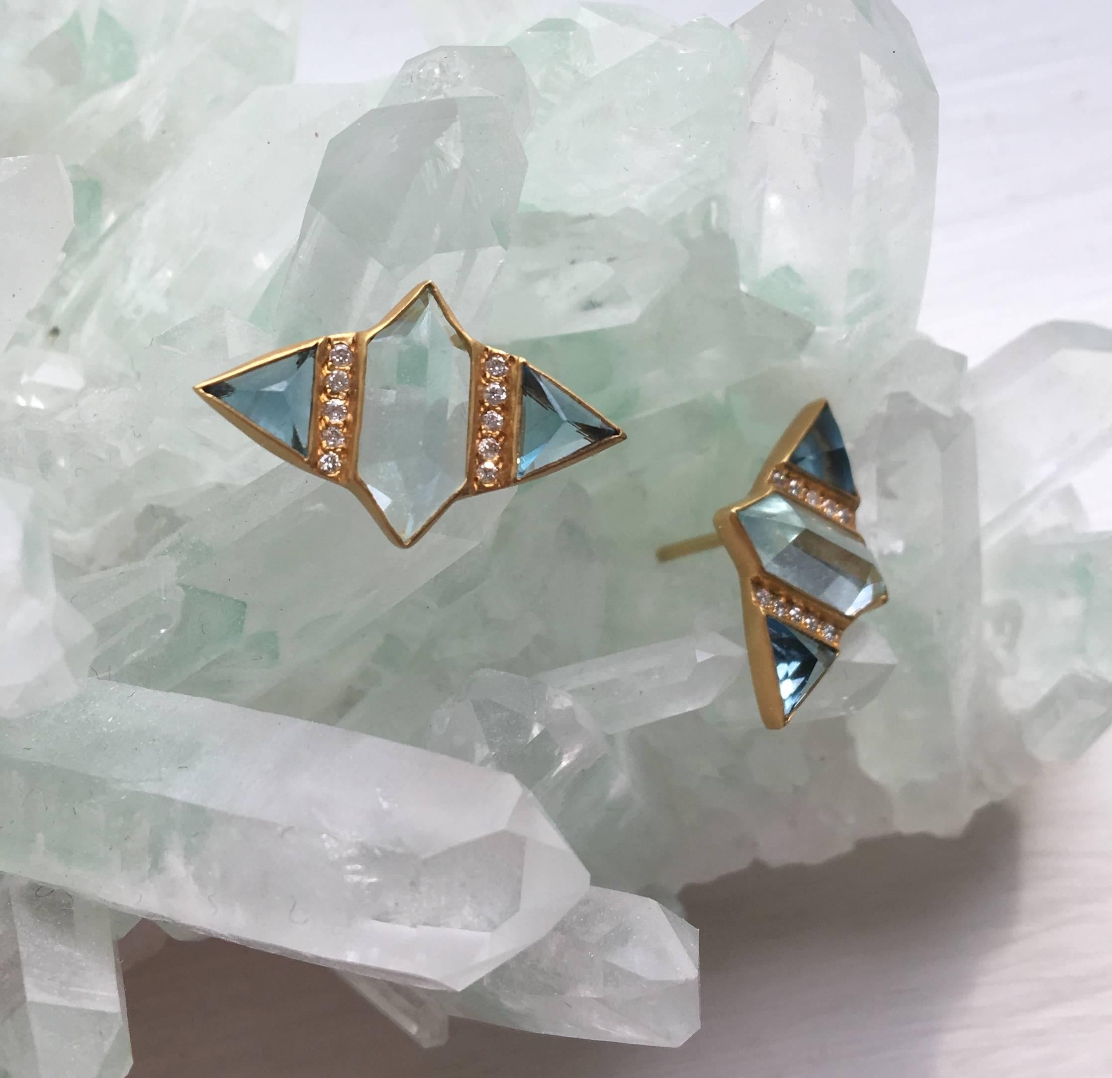Contemporary Diamond, Aquamarine, London Blue Topaz, Gold Studs by Lauren Harper For Sale