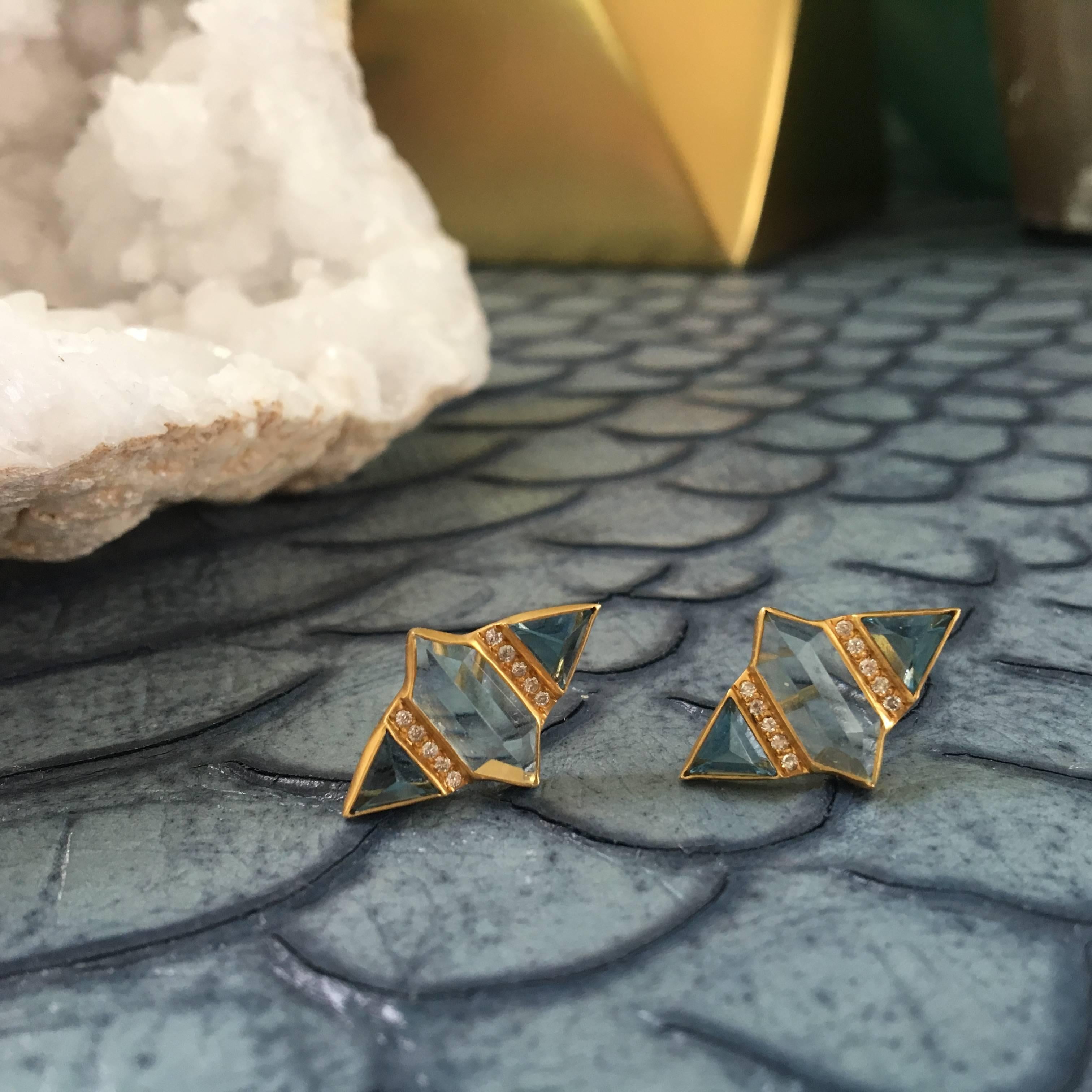 Hexagon Cut Diamond, Aquamarine, London Blue Topaz, Gold Studs by Lauren Harper For Sale