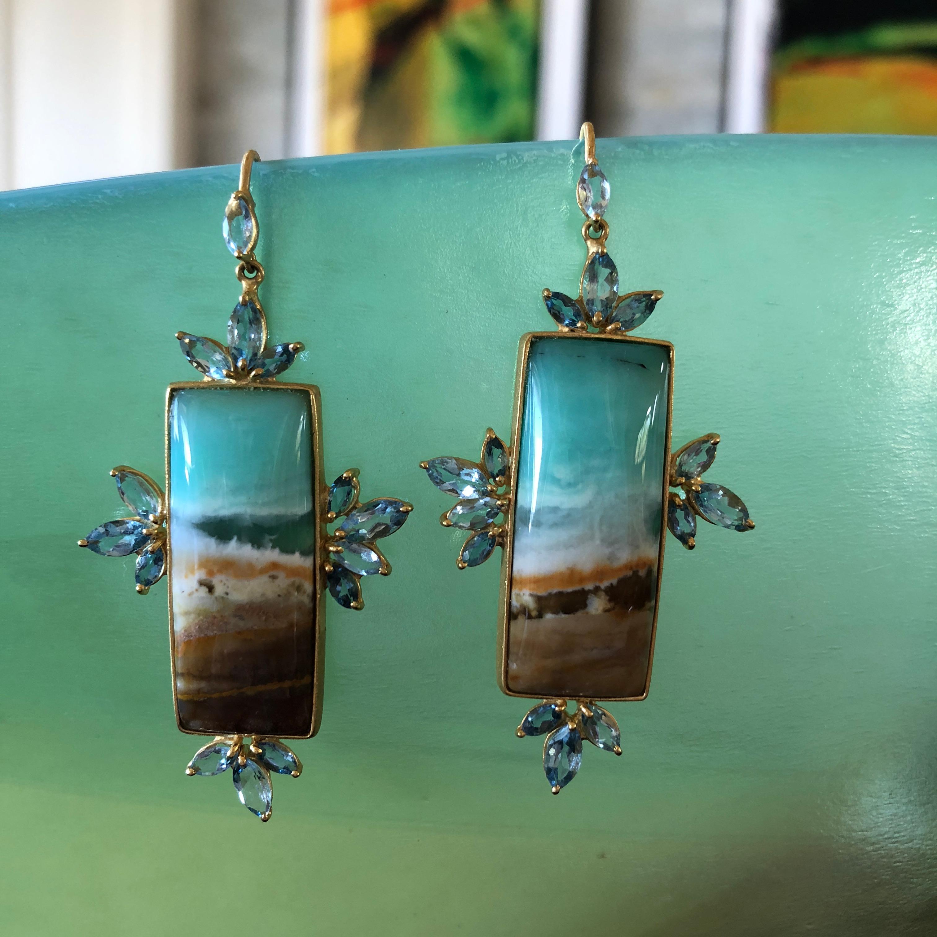 Marquise Cut Aquamarine Opalized Petrified Wood Gold Earrings by Lauren Harper
