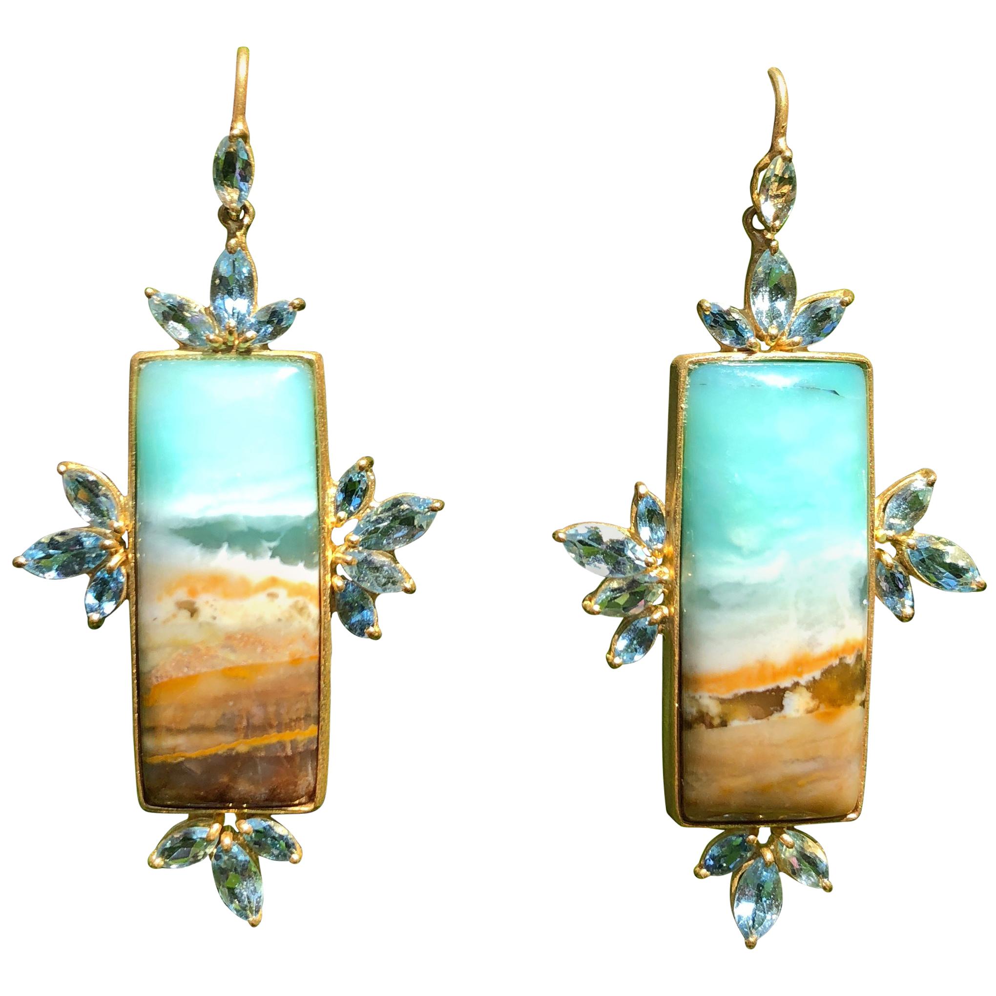 Aquamarine Opalized Petrified Wood Gold Earrings by Lauren Harper