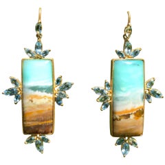 Aquamarine Opalized Petrified Wood Gold Earrings by Lauren Harper