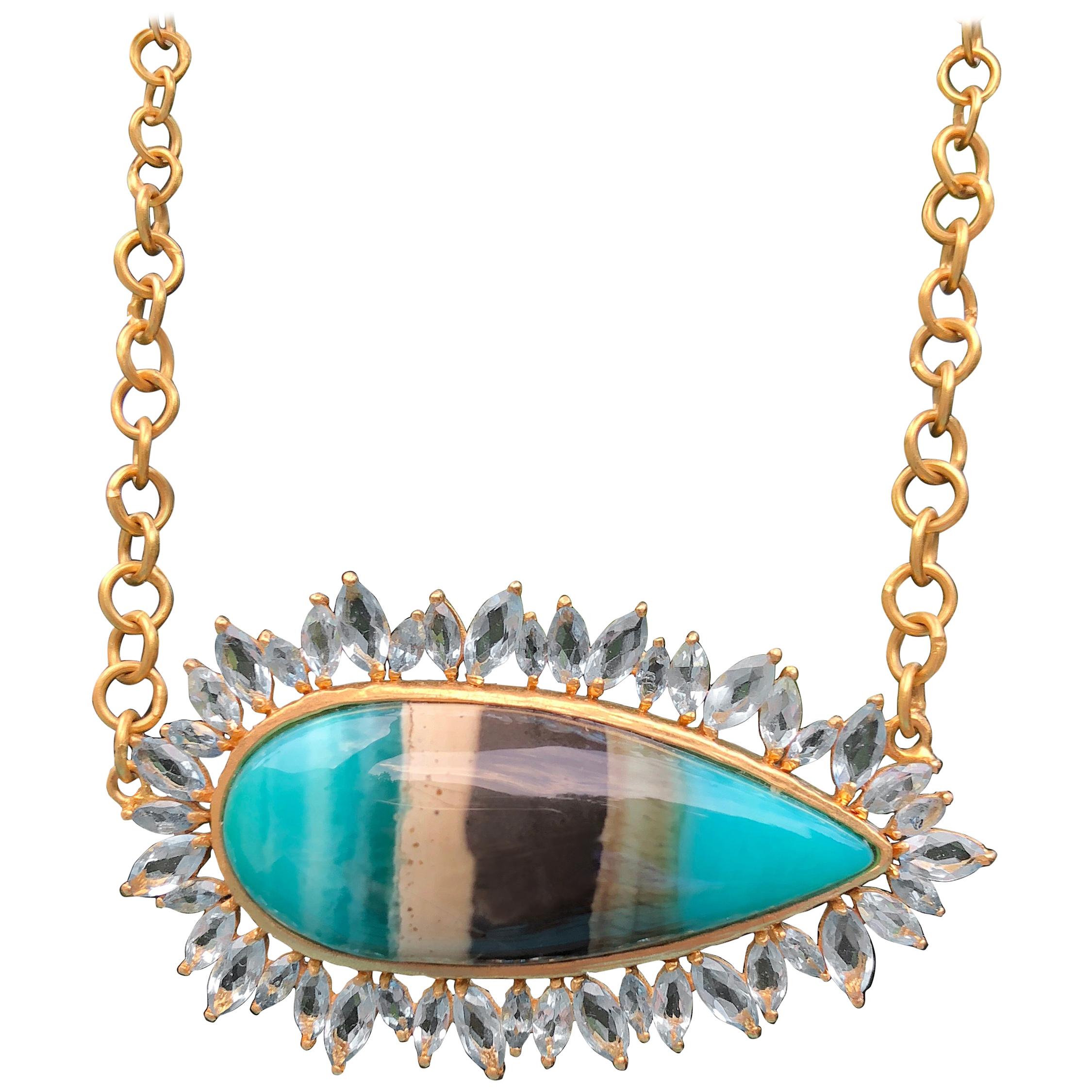 Aquamarine Petrified Opalized Wood Gold Necklace by Lauren Harper For Sale