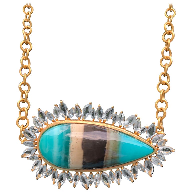 Aquamarine Petrified Opalized Wood Gold Necklace by Lauren Harper For Sale  at 1stDibs